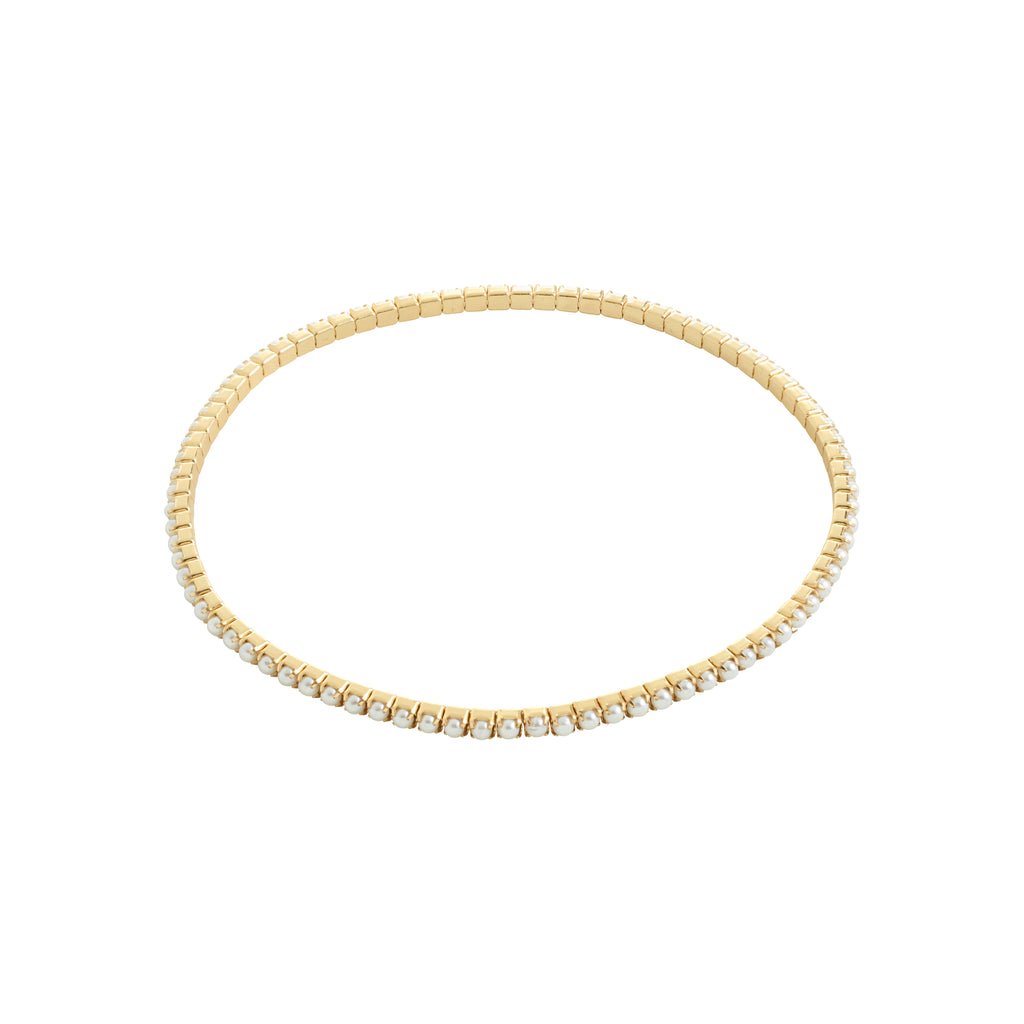 Gold-plated ARASH pearl bracelet by Pilgrim, featuring sleek design with pearl-colored glass beads on durable lycra elastic, perfect for stacking and enhancing any outfit.