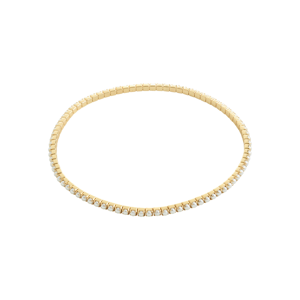 Gold-plated ARASH pearl bracelet by Pilgrim, featuring sleek design with pearl-colored glass beads on durable lycra elastic, perfect for stacking and enhancing any outfit.