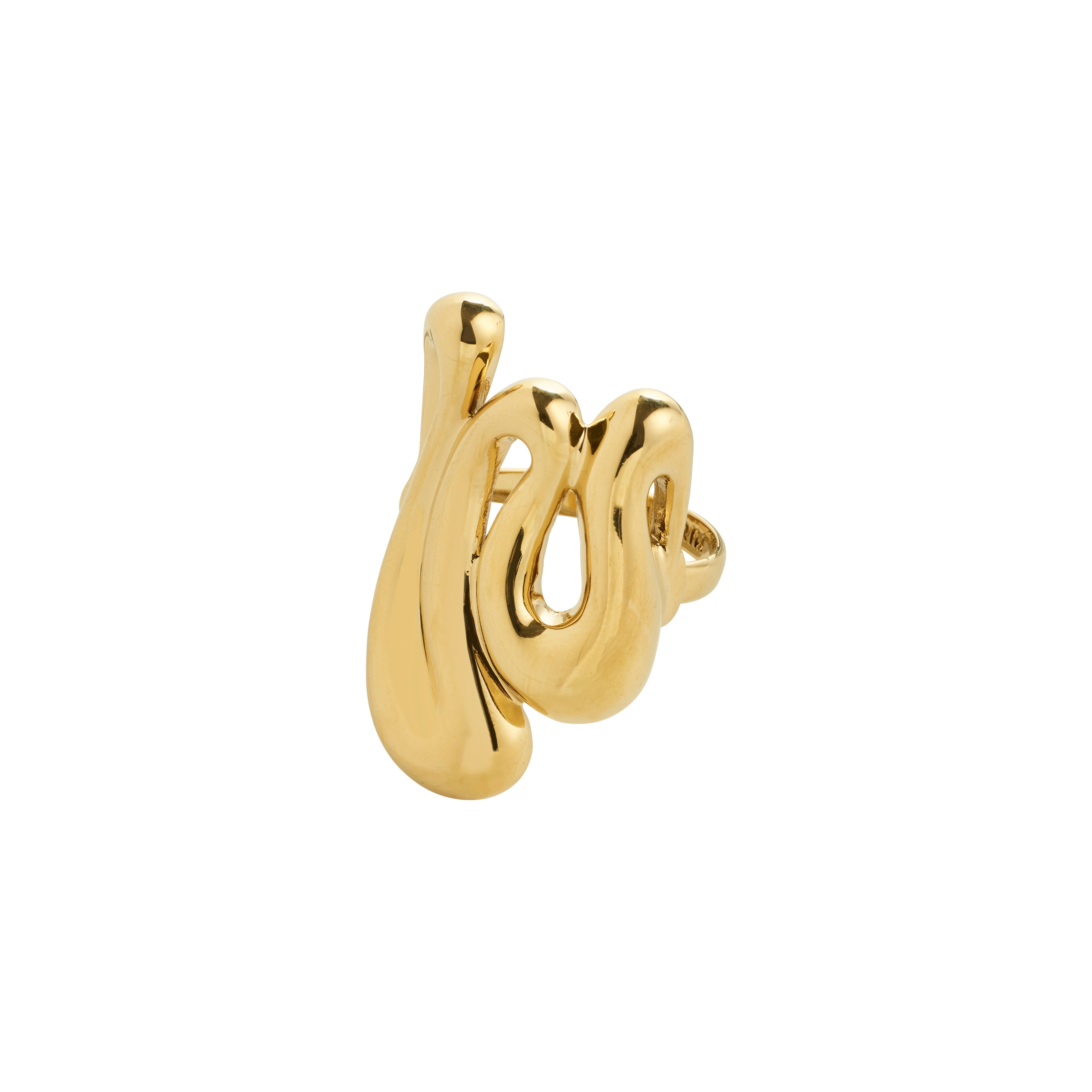 ADRIEL ring gold-plated with a bold, fluid, sculptural design; modern statement piece crafted from 99% recycled materials, perfect for a chic, stylish look.