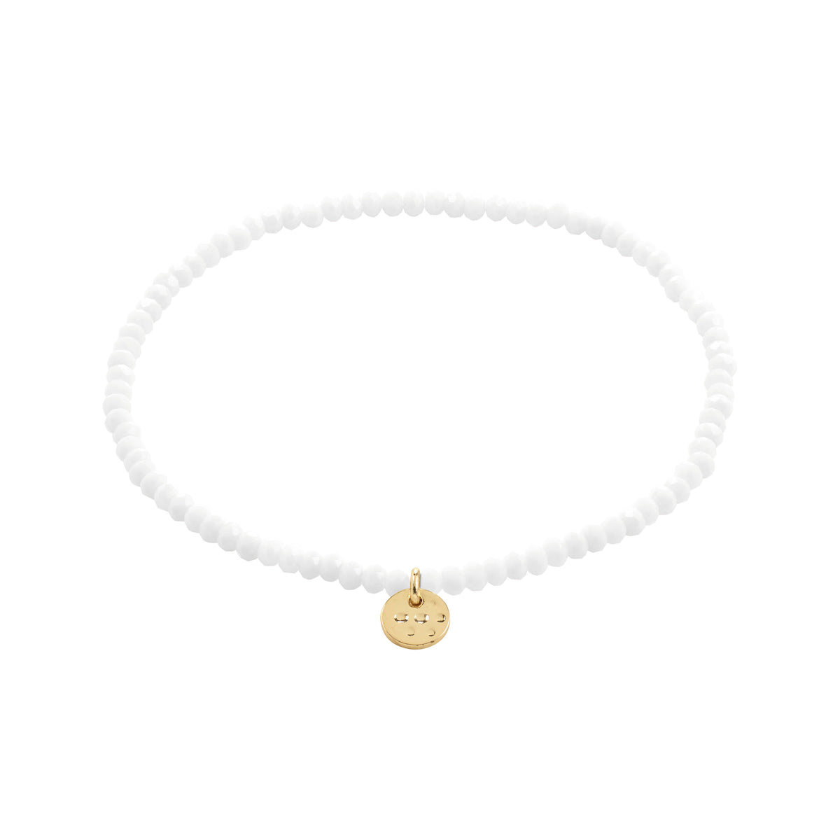 INDIE bracelet white, gold-plated: A simple choker-style piece featuring faceted white beads and a small gold-tone disc charm on elastic for versatile wear.