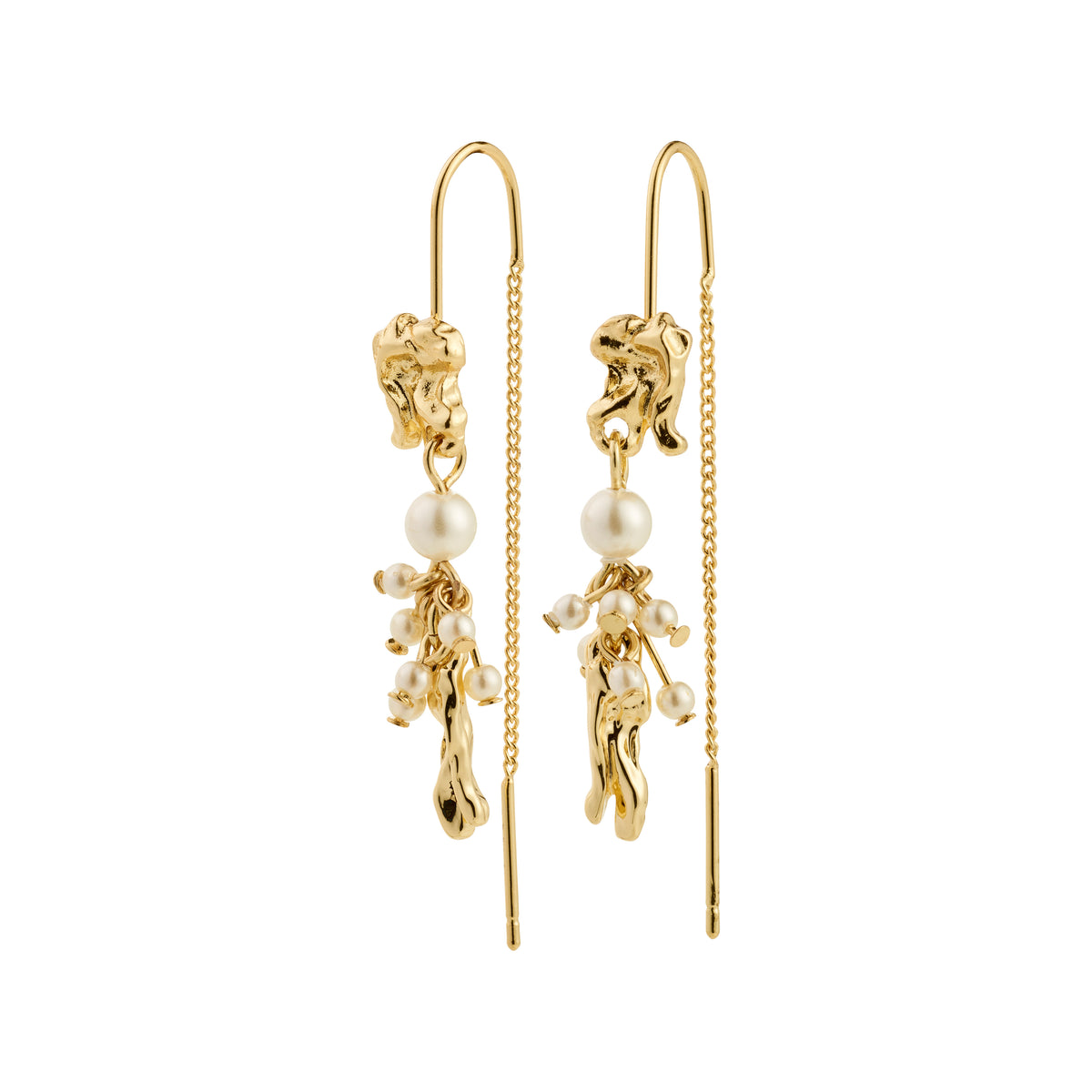 MILO chain earrings gold-plated, featuring molten-textured gold nuggets, pearl clusters, and baroque drops, creating a whimsical, delicate silhouette perfect for a dreamy style.