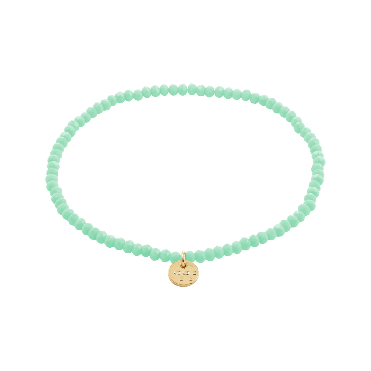 INDIE bracelet with mint-green faceted beads and a gold-tone disc charm, 17 cm stretch, from Pilgrim. Perfect for stacking and enhancing personal style.