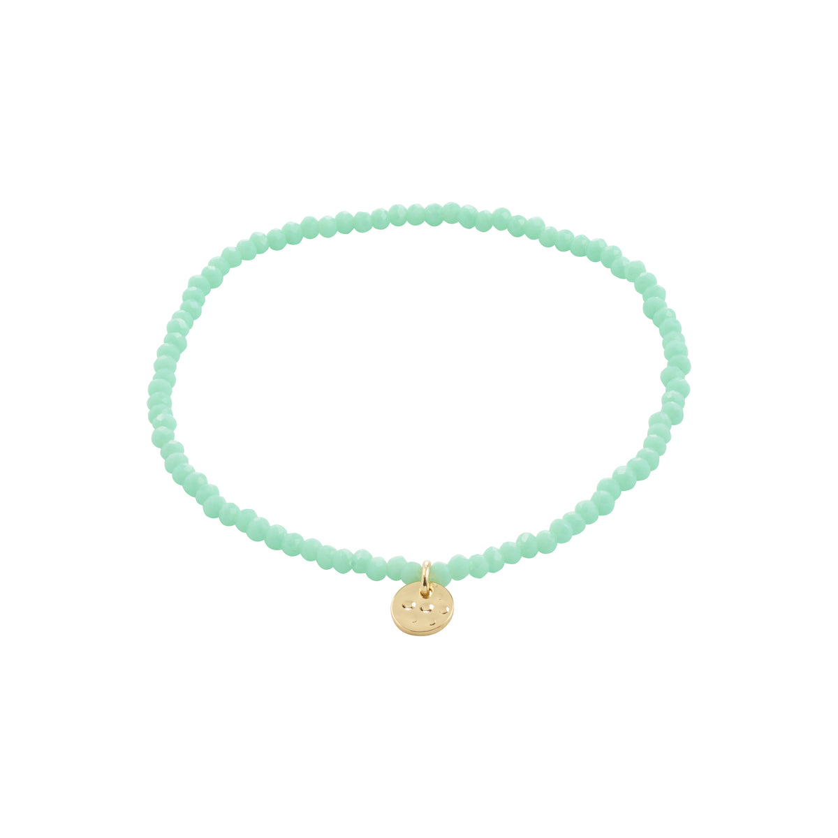 INDIE bracelet featuring mint green faceted glass beads and a gold-plated charm, highlighting Pilgrim's Scandinavian craftsmanship. Perfect for stacking, fits most wrists with elastic.