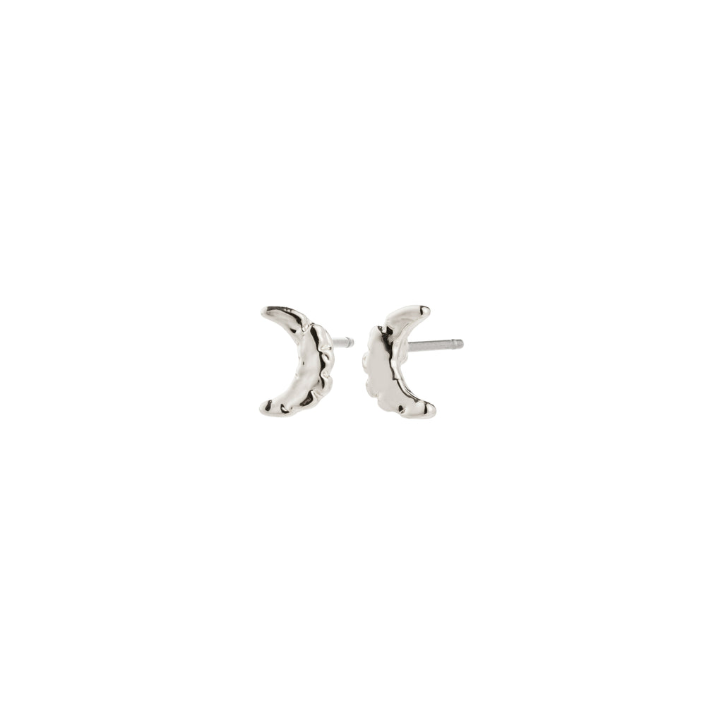 Silver-plated moon earrings, crafted by Pilgrim, featuring crescent shapes symbolizing new beginnings, perfect for layering or minimalist wear, and made from recycled materials.