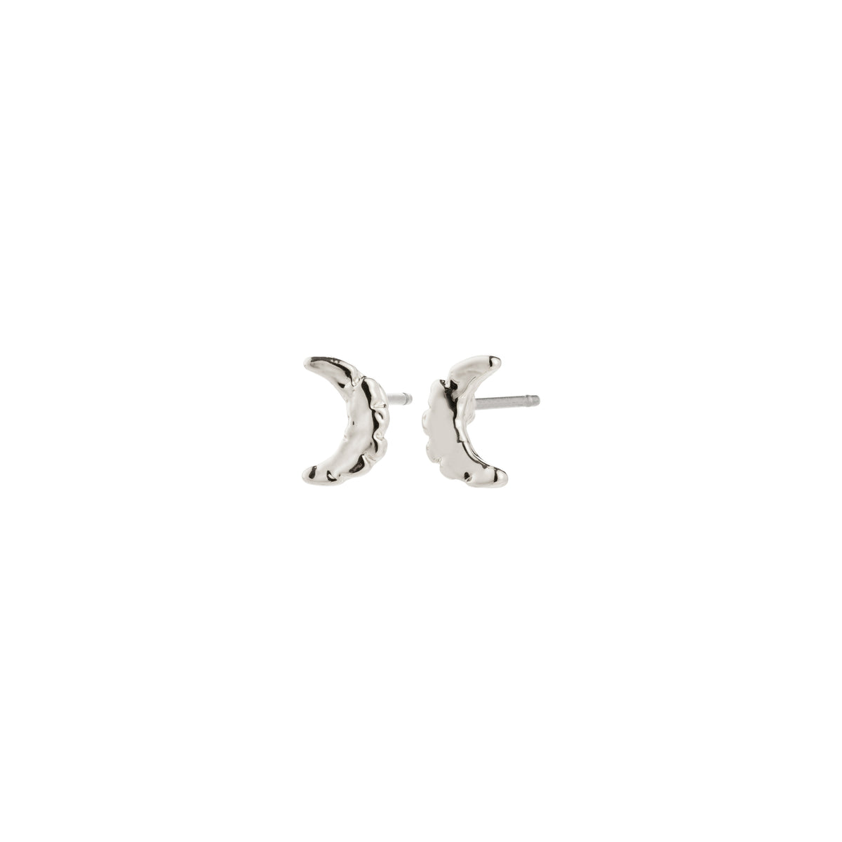 Silver-plated moon earrings, crafted by Pilgrim, featuring crescent shapes symbolizing new beginnings, perfect for layering or minimalist wear, and made from recycled materials.