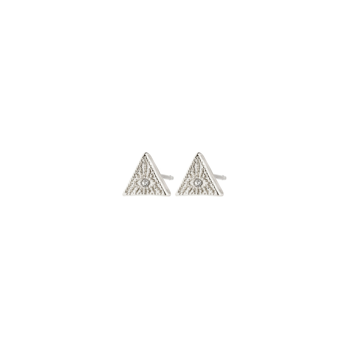 RYLEE earrings, silver-plated triangular studs with a central clear stone, featuring a textured radiating pattern, ideal for a minimalist or boho-chic style.