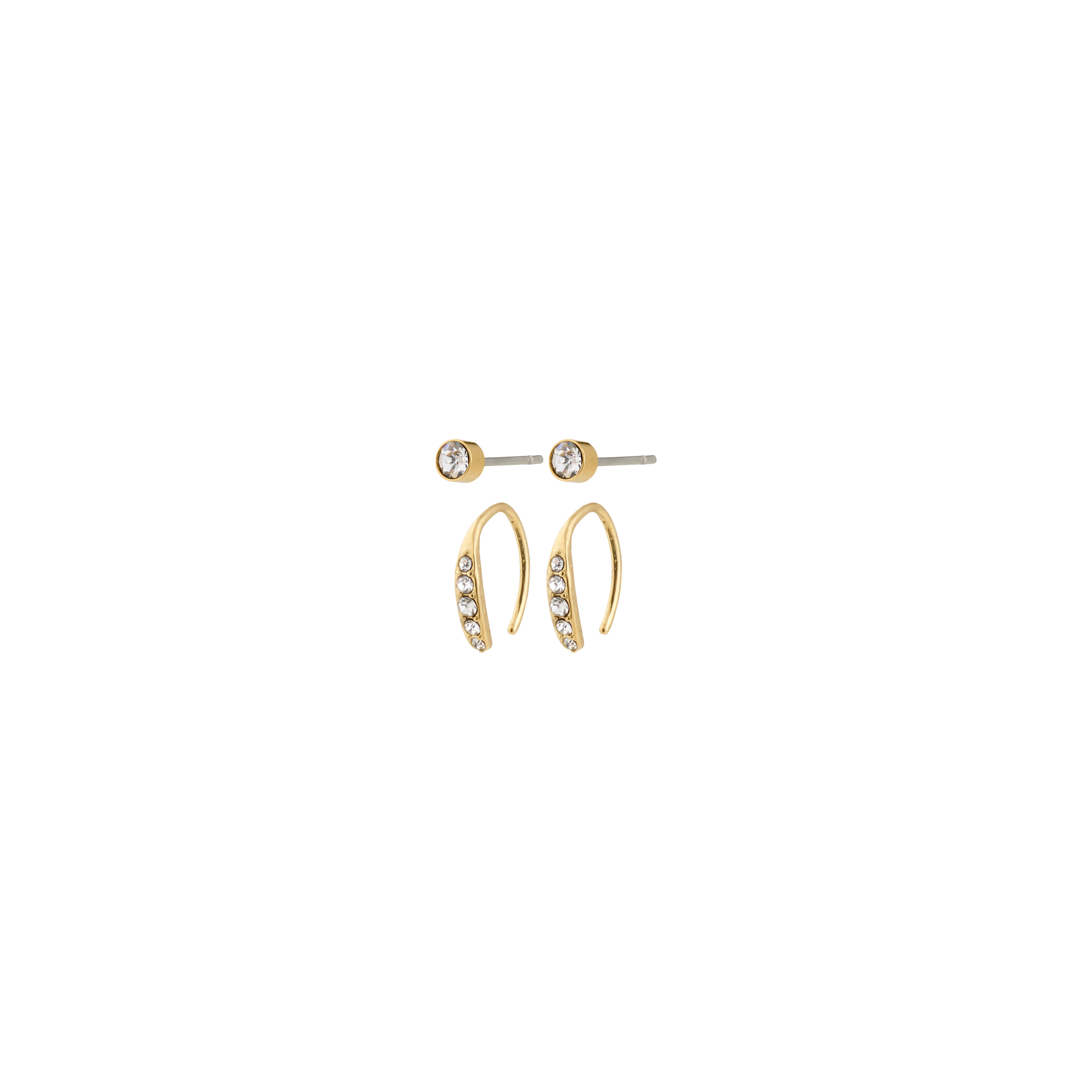 GIONNI earrings 2-in-1 set, gold-plated, featuring simple gold-tone studs with single crystals and curved ear-climbers adorned with five small crystals for versatile styling.