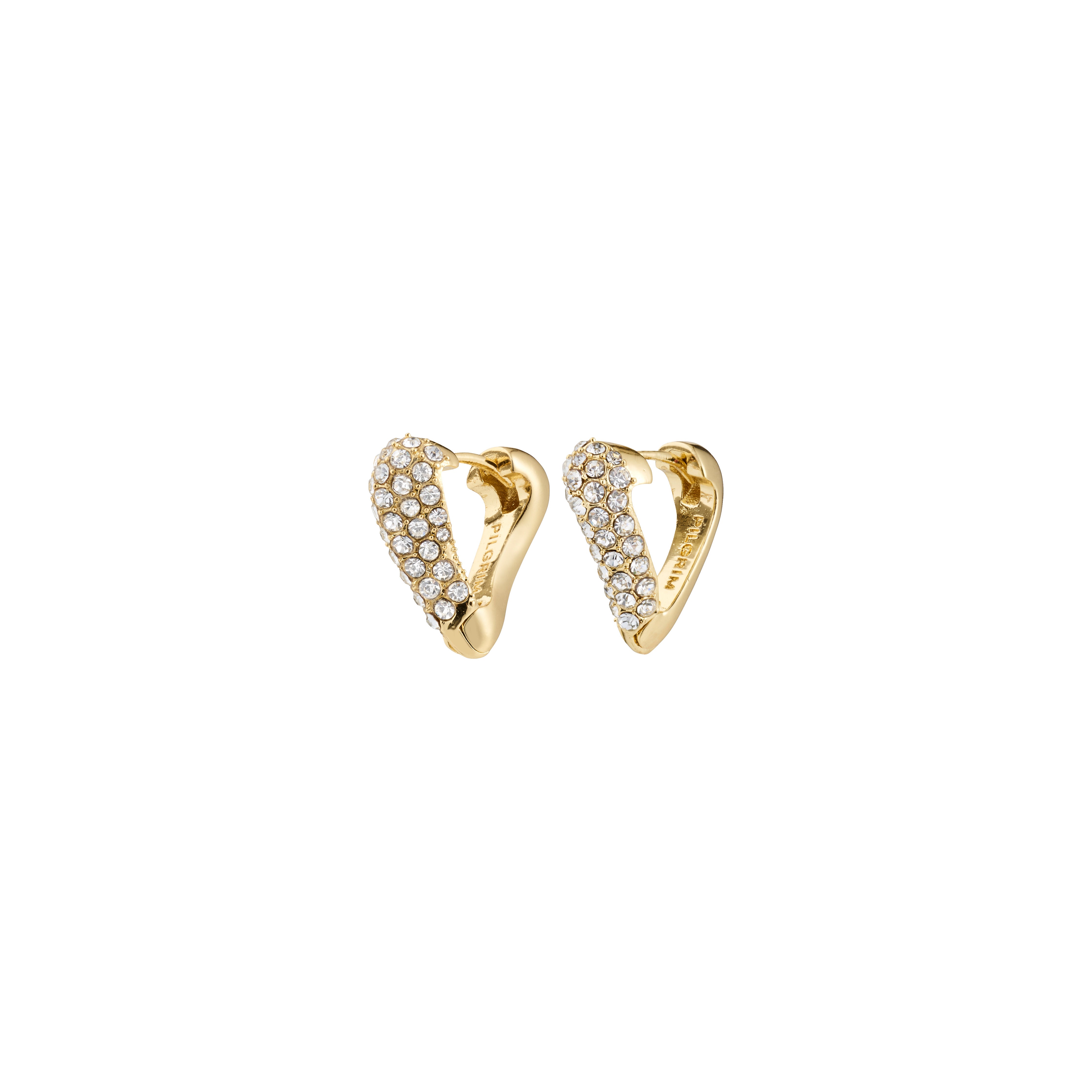 Gold-plated SOUL earrings: small, triangular huggie hoops with pavé-set crystals forming a heart shape, symbolizing love. Eco-friendly, perfect for everyday and special occasions.