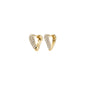 Gold-plated SOUL earrings: small, triangular huggie hoops with pavé-set crystals forming a heart shape, symbolizing love. Eco-friendly, perfect for everyday and special occasions.