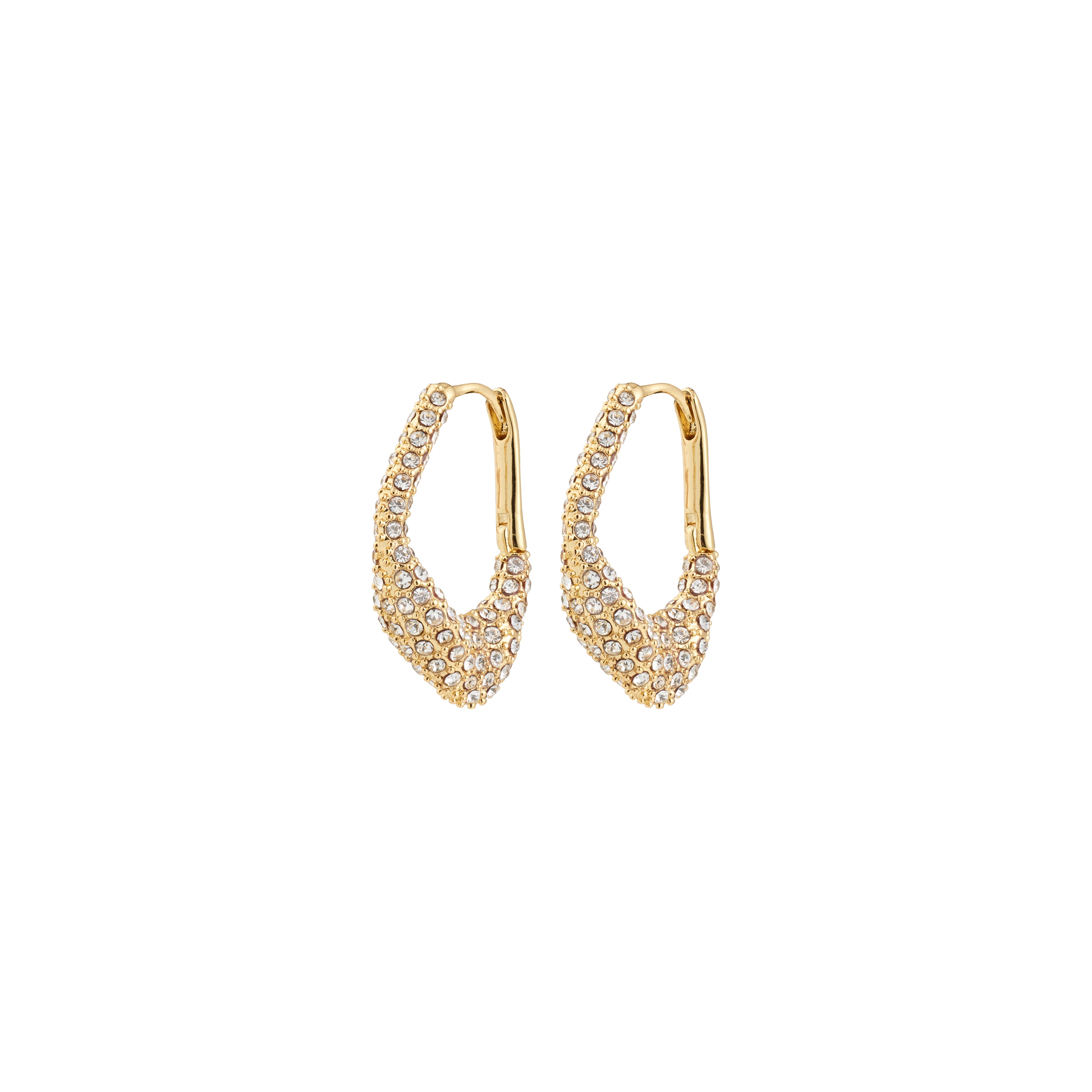 FENIX earrings gold-plated: Teardrop-shaped hoops adorned with pavé-set crystals, offering a radiant, elegant statement with easy snap locks for comfort. Perfect for any stylish occasion.
