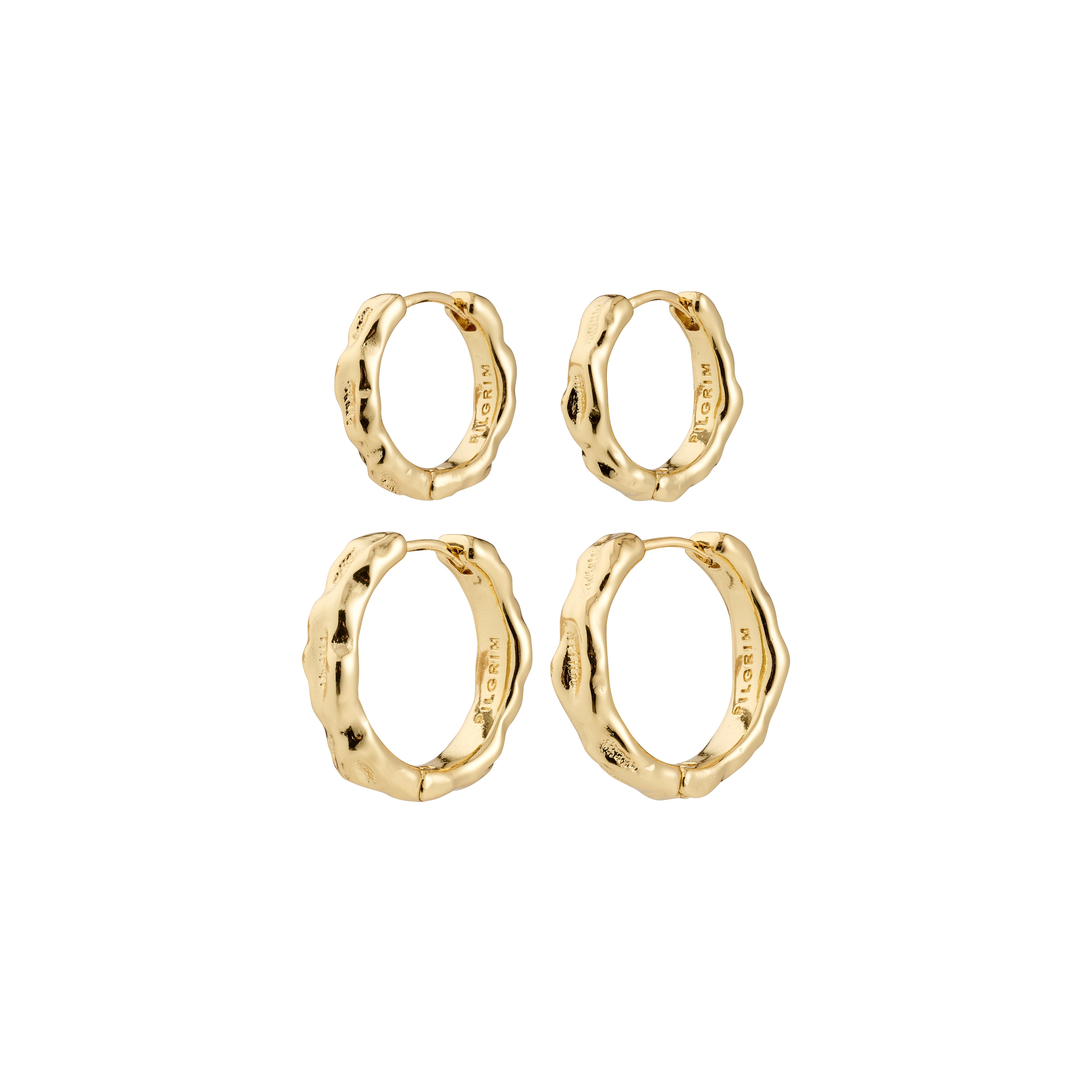 DARBY earrings, 2-in-1 set, gold-plated: Two pairs of gold-tone, hammered-texture hoops from Pilgrim, featuring a unique wavy design and engraved branding inside.