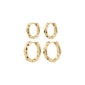 DARBY earrings, 2-in-1 set, gold-plated: Two pairs of gold-tone, hammered-texture hoops from Pilgrim, featuring a unique wavy design and engraved branding inside.