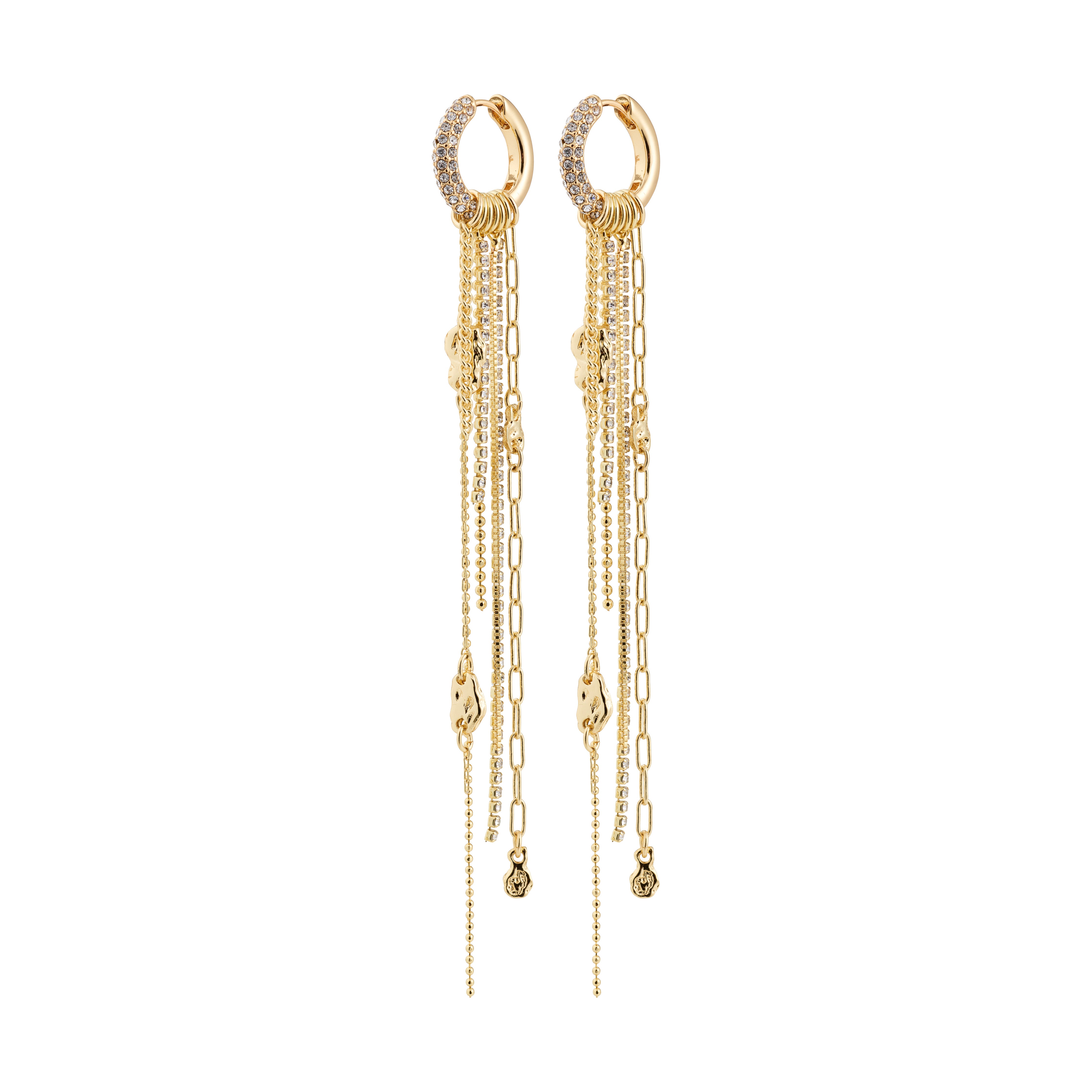 DRUE earrings gold-plated with crystal-studded hoops and layered gold-tone chains, featuring charms for a luxurious, bohemian touch. Perfect for embracing effortless elegance.