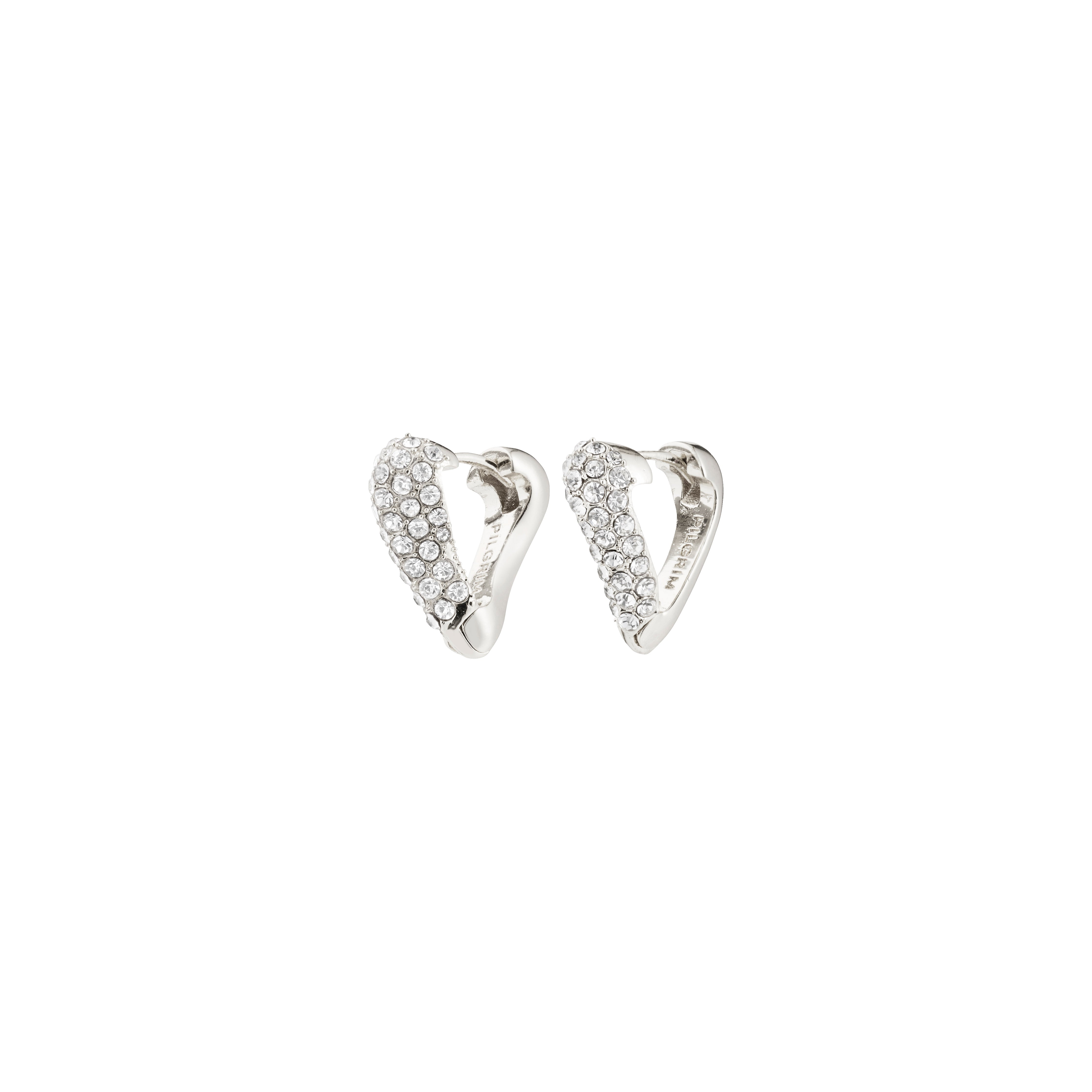 SOUL earrings silver-plated, heart-shaped hoops with pavé-set Preciosa crystals, offering a sparkling touch. Snap locks for comfort, made from 97% recycled materials.