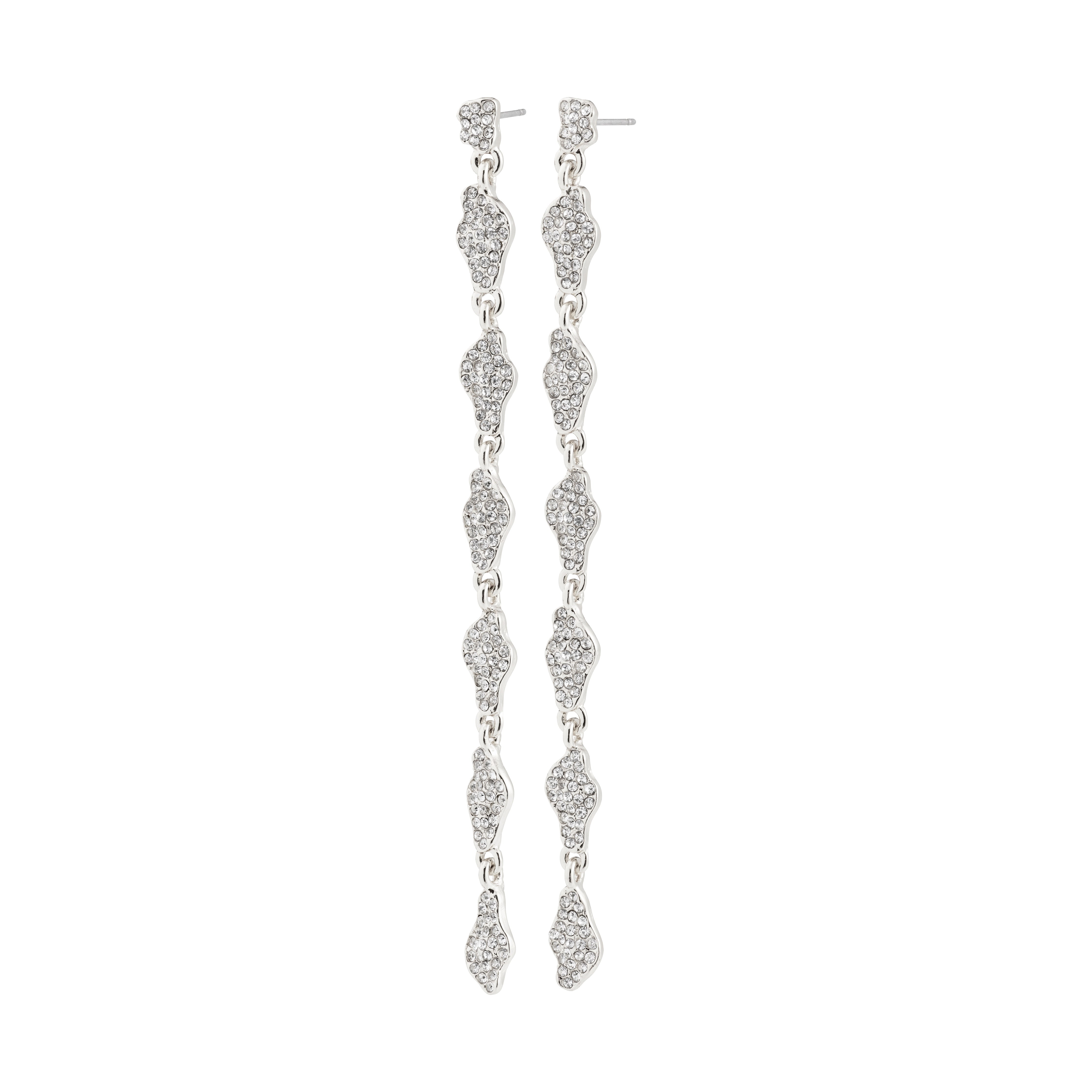 Silver-plated BASIL earrings with six linked, leaf-shaped segments adorned with sparkling Preciosa crystals, creating a luxurious, chandelier-style statement piece.