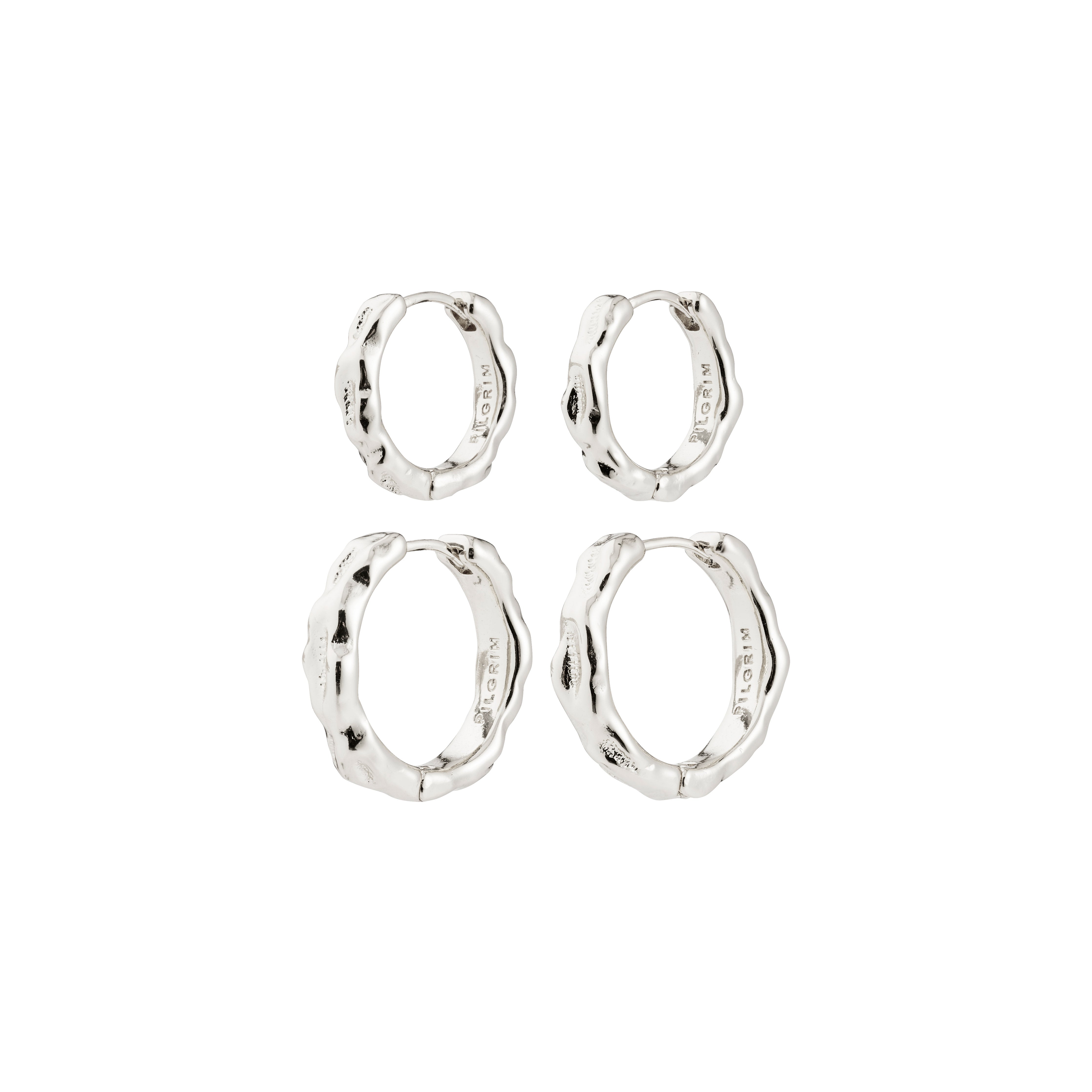 DARBY earrings silver-plated by Pilgrim: Four hoop earrings with bamboo-style texture, two sizes. Stamped with PILGRIM; versatile for stacked or minimalist looks.