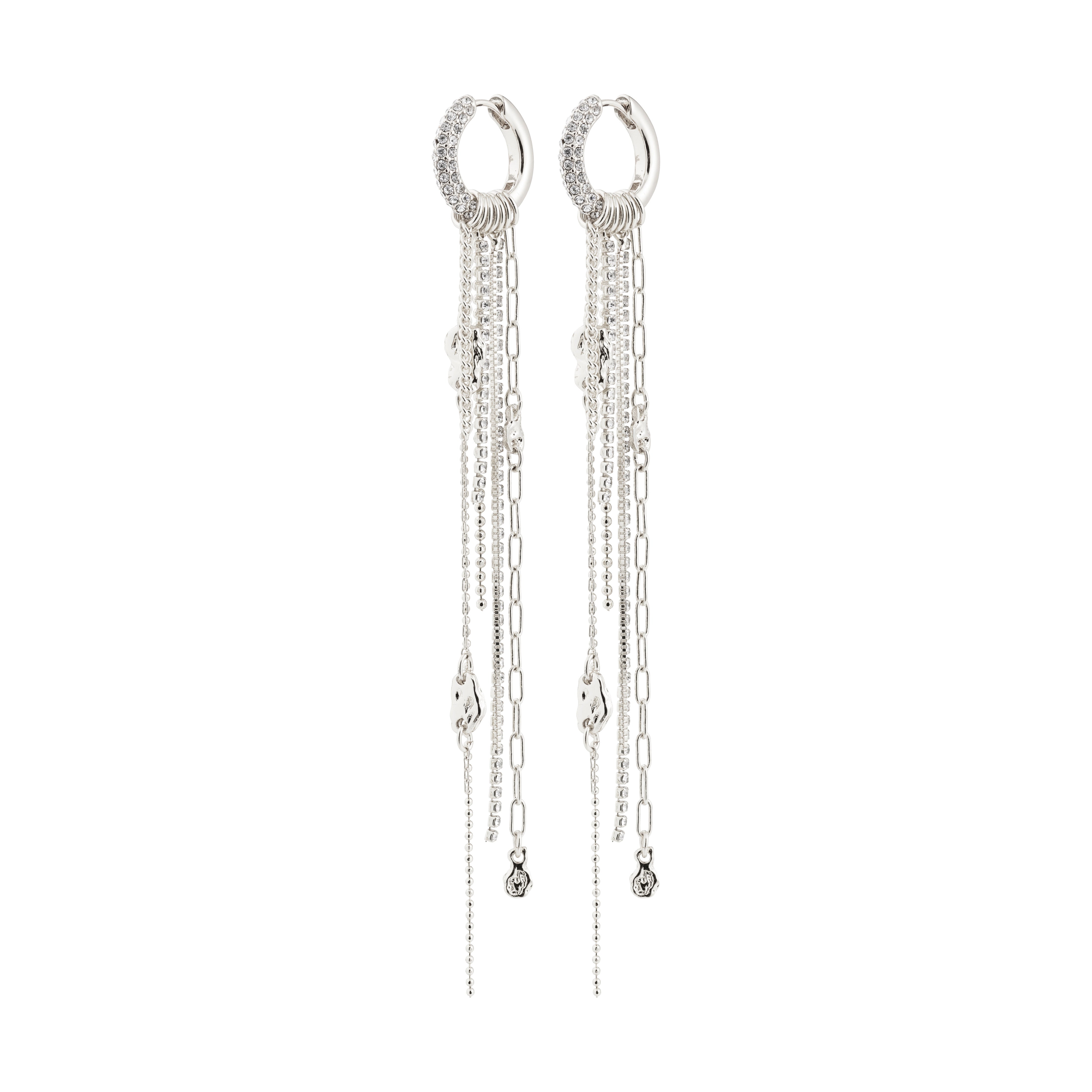 Silver-plated DRUE earrings with crystal hoops and cascading chains, featuring delicate silver charms, embody a luxe bohemian style from Pilgrim.