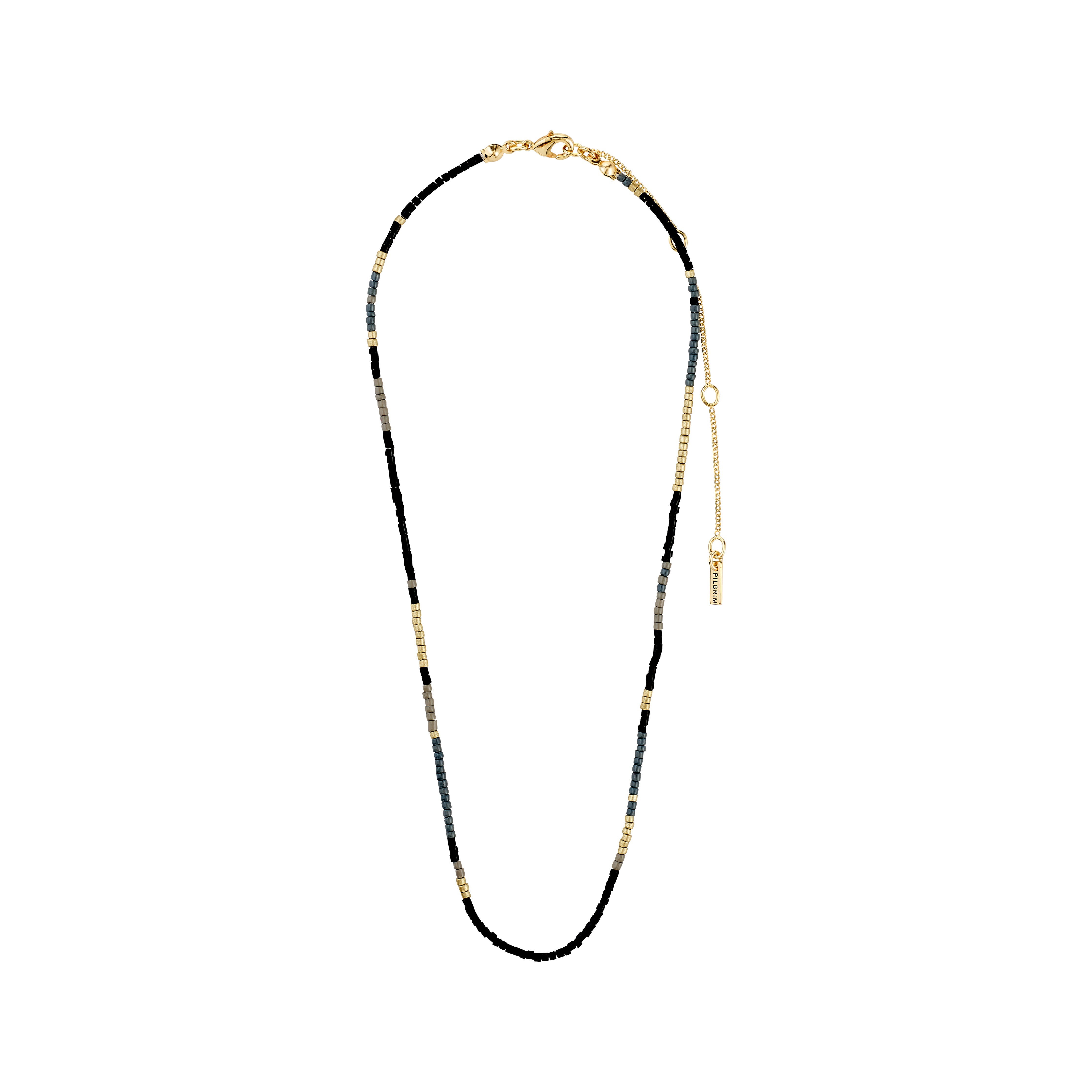 ALISON necklace: Black and gold cylindrical beads with gold-tone lobster clasp and extension chain, perfect for enhancing summer outfits and showcasing effortless elegance.