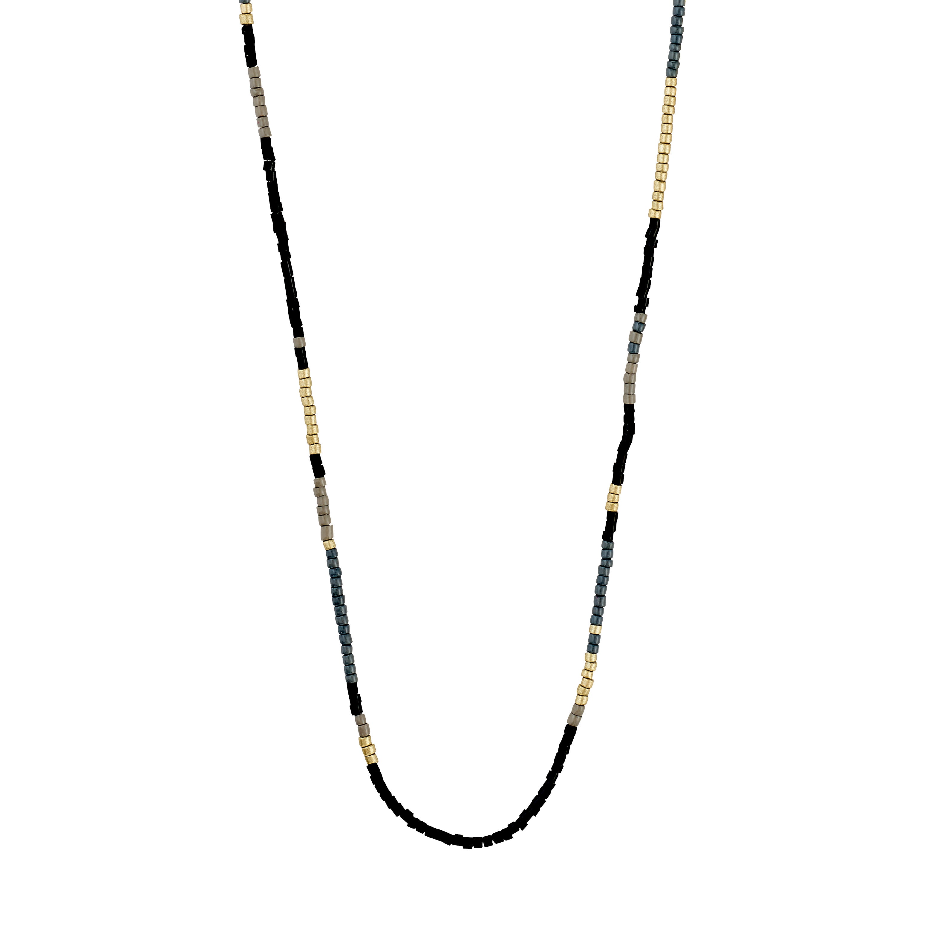 ALISON necklace by Pilgrim, featuring sleek, tube-shaped glass beads in matte black and metallic gold, laid in a U-shape on a white background.