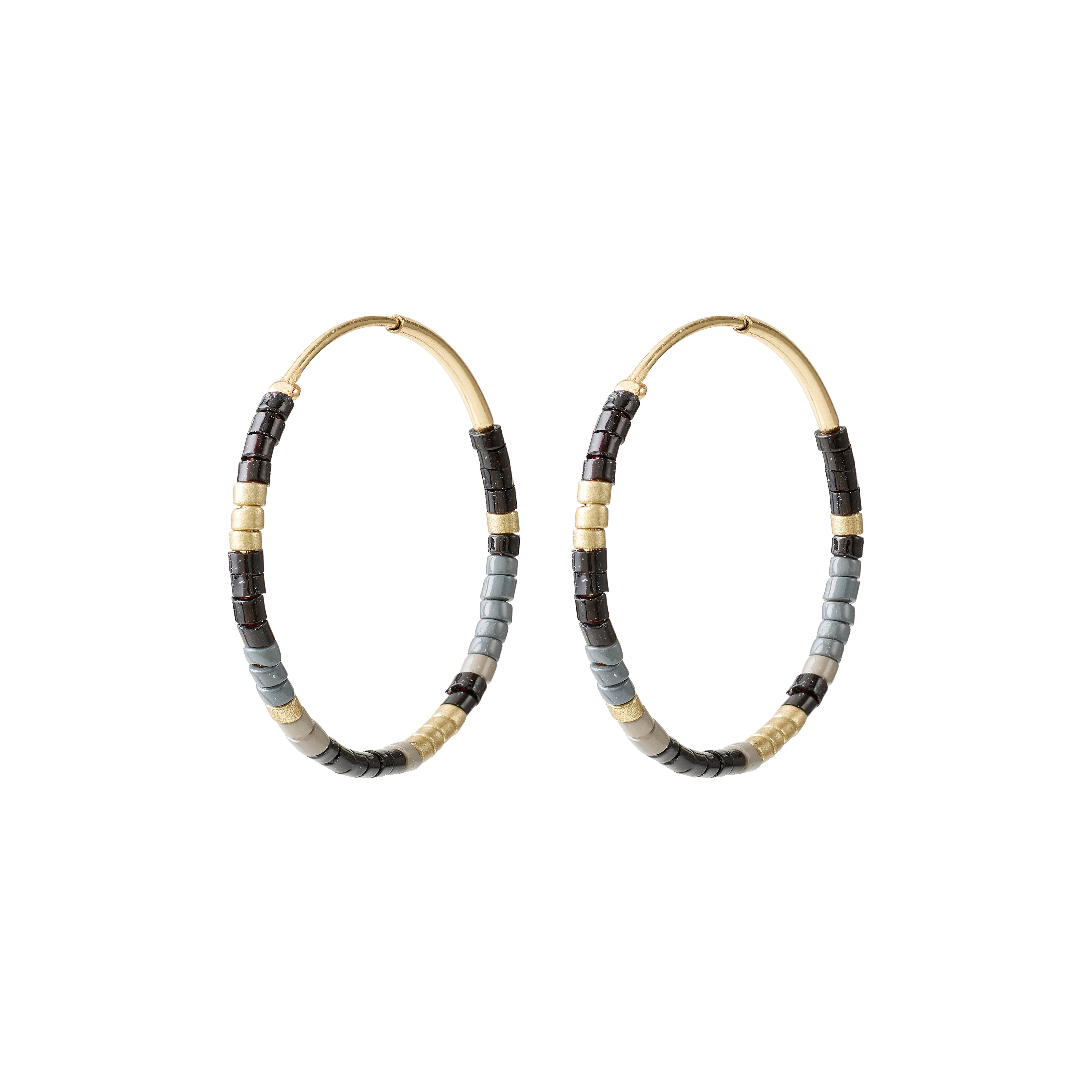 ALISON earrings feature wire-based hoops with matte gold, black, gray, and charcoal beads, offering a chic boho-minimalist style from Pilgrim's handmade Danish collection.
