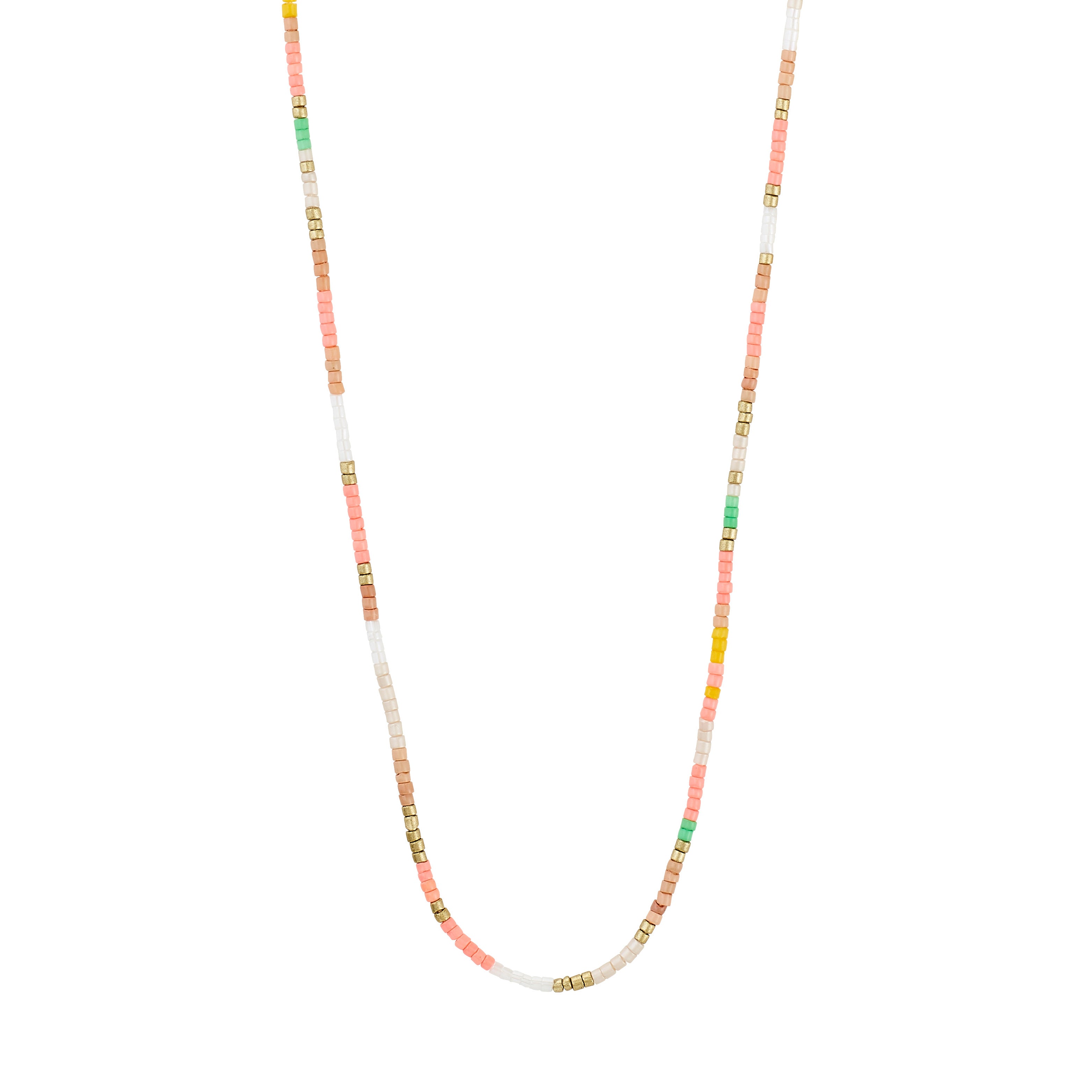 ALISON necklace multi: Gold-plated necklace with pastel and metallic seed beads in a continuous loop, embodying vibrant festival energy and playful summer style.