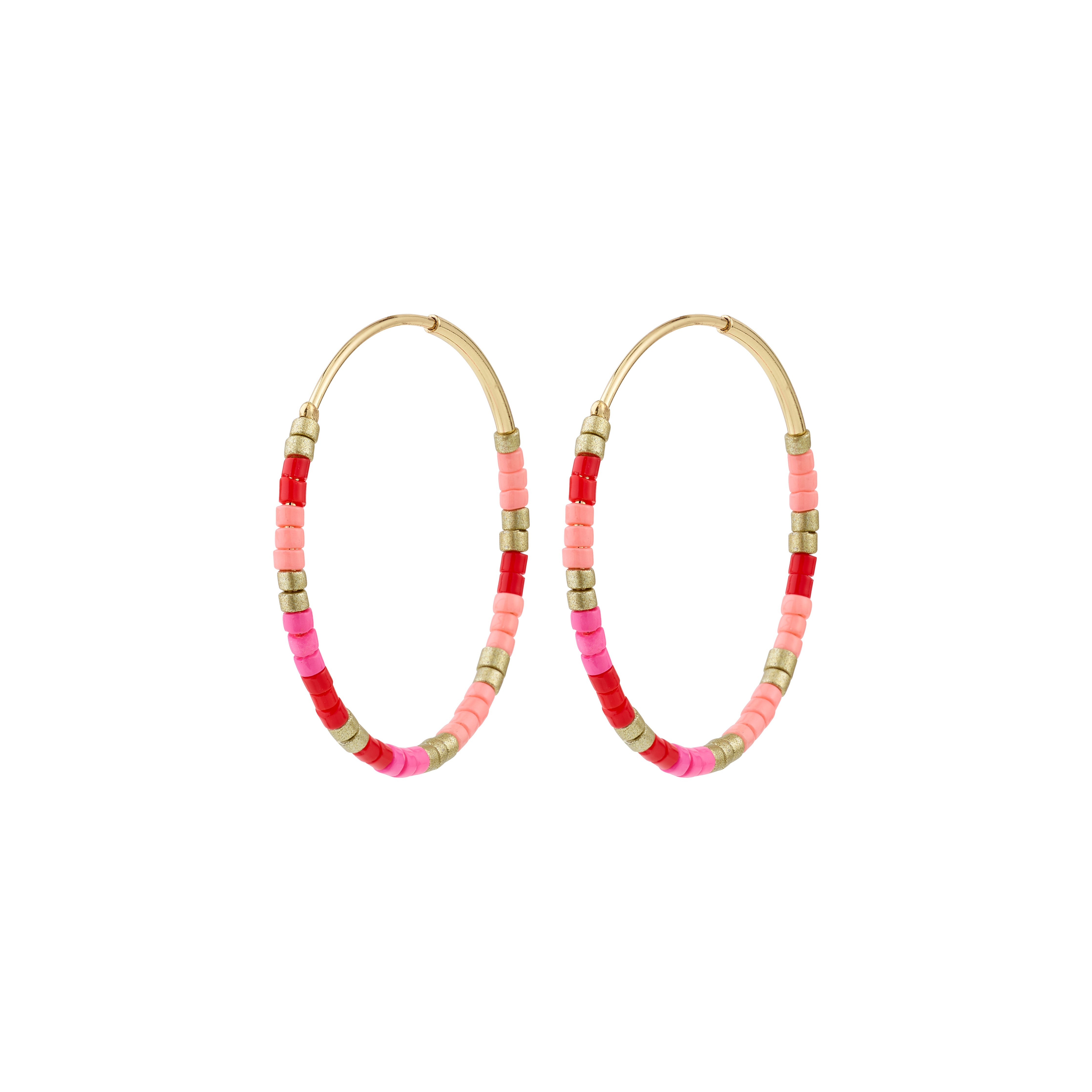 ALISON earrings: gold hoops with pink, coral, and gold beads, exuding a boho vibe perfect for vibrant, carefree summer styles.