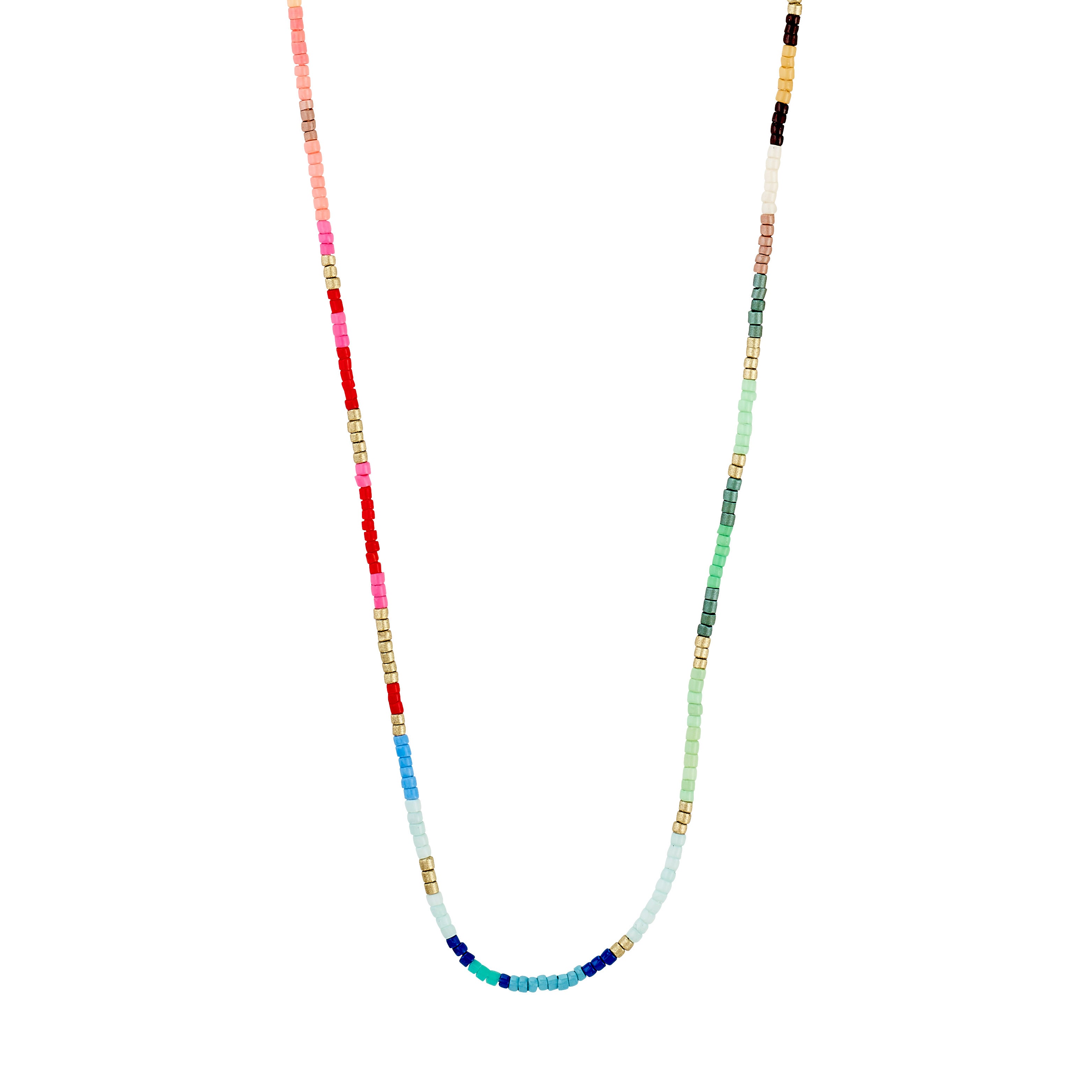 ALISON necklace: A vibrant, single-strand piece from Pilgrim with rainbow-hued seed beads and gold spacers, perfect for layering or standalone summer styling.