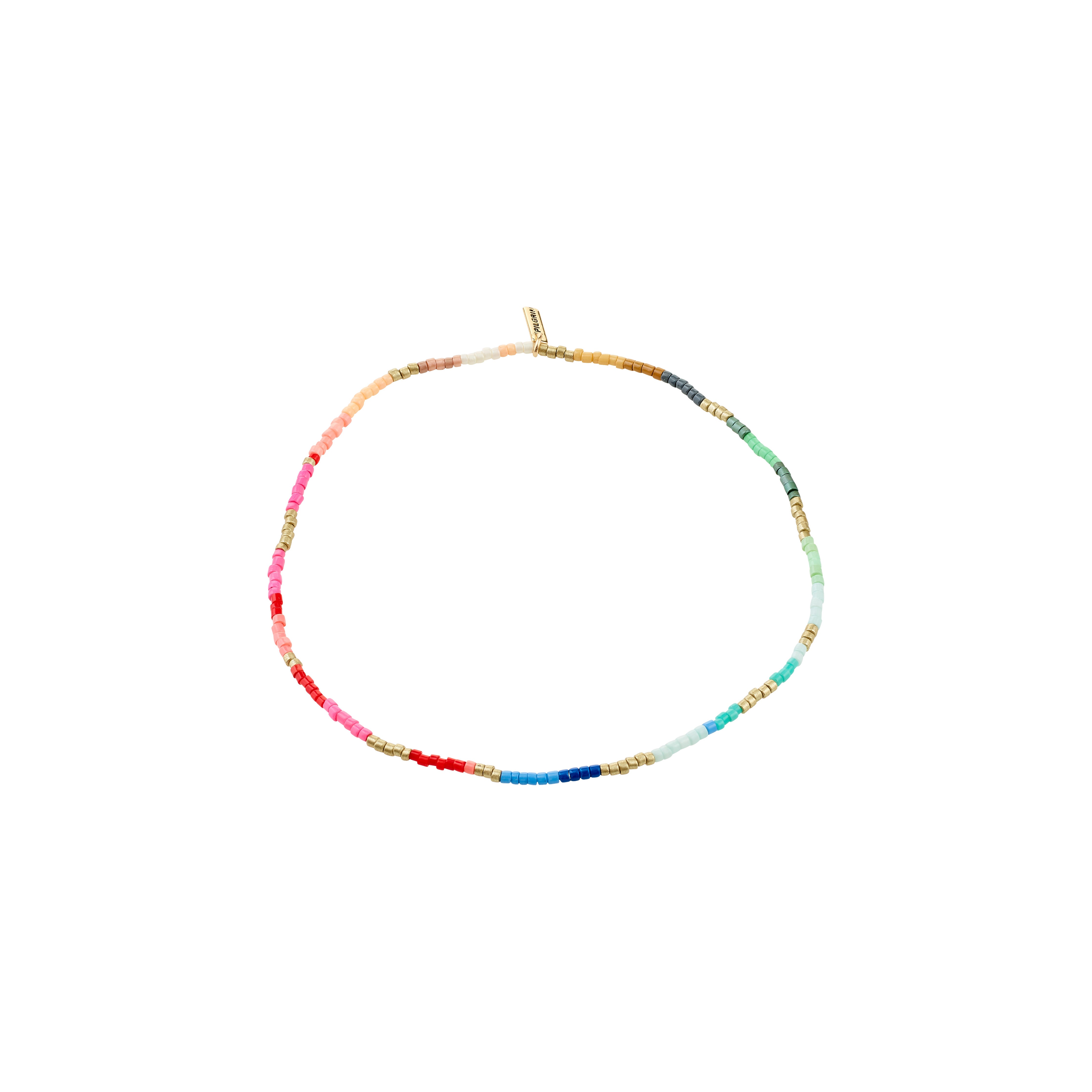 ALISON ankle chain, gold-plated, features rainbow-hued tube-shaped beads, perfect for a boho summer vibe. Slips on easily with soft lycra elastic for comfort.