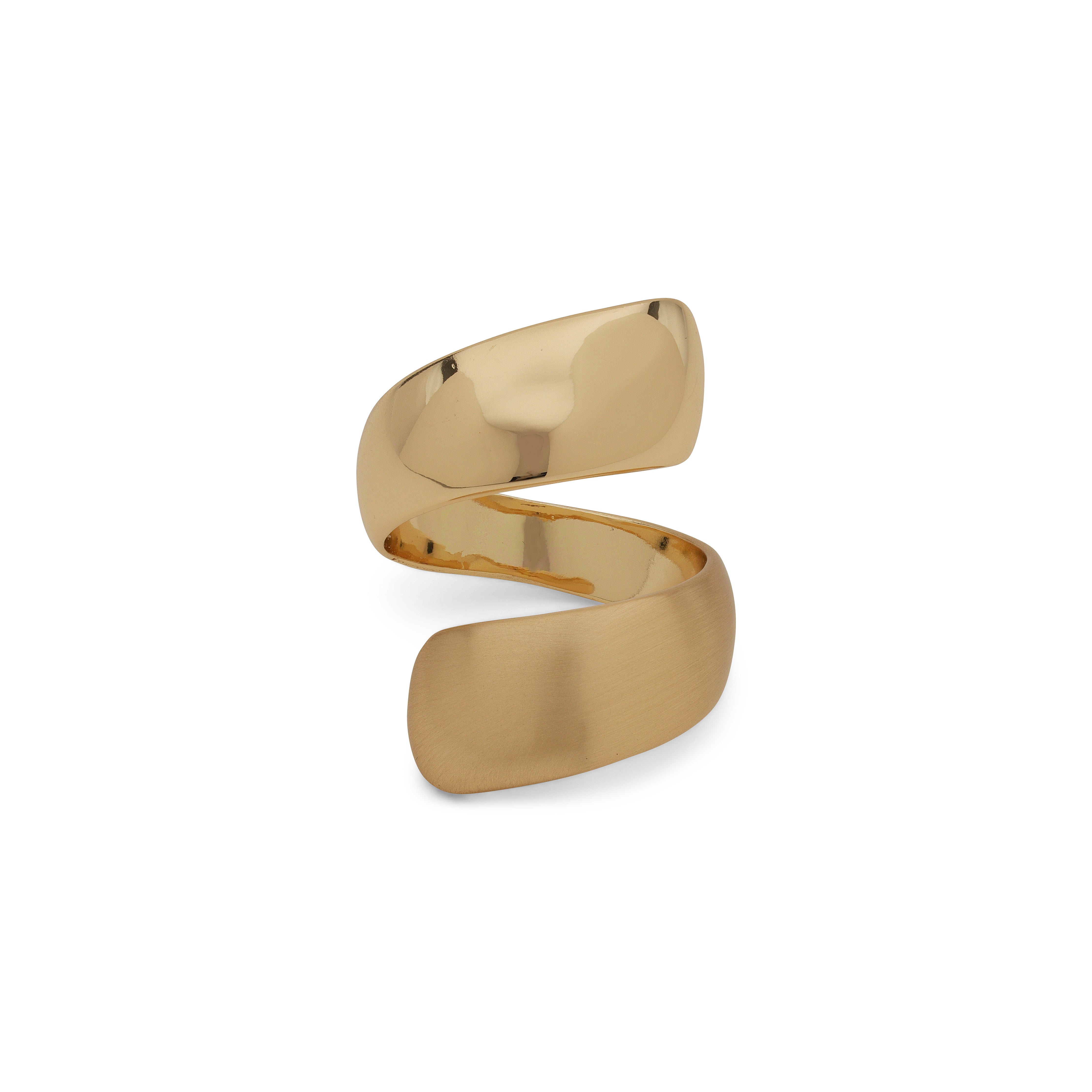 Gold-plated ALMA ring with a unique double-twining design, featuring alternating shiny and matte finishes, embodying style and determination.