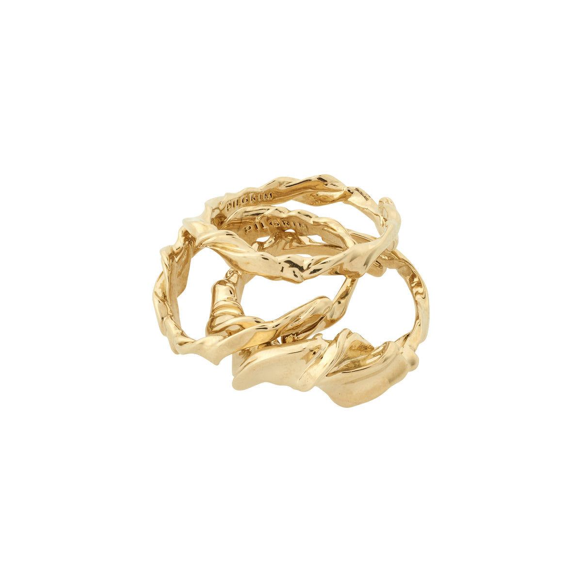 STORM rings 3-in-1 set gold-plated with a unique, organic wavy texture, crafted from 99% recycled material for versatile stacking or solo wear.