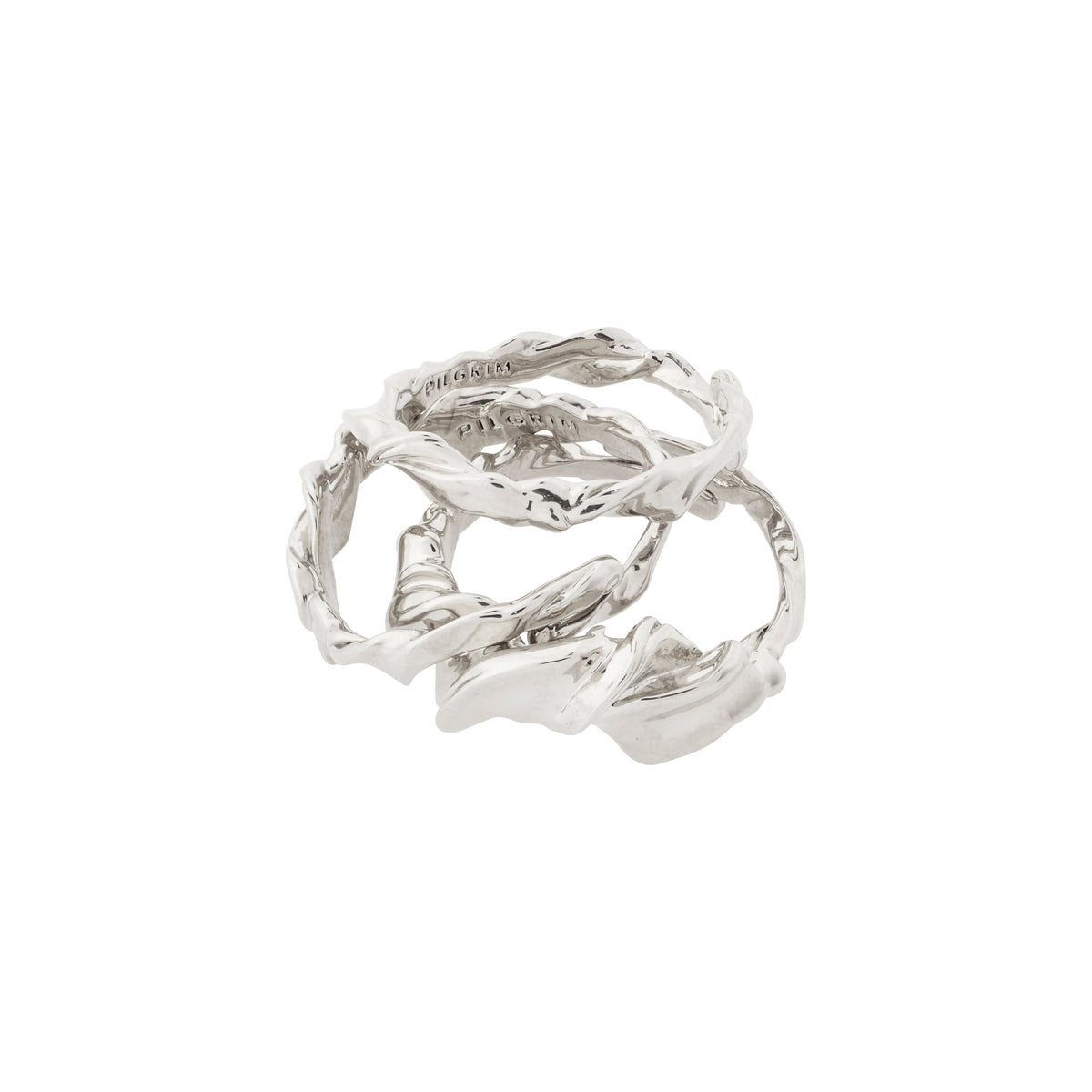 STORM rings 3-in-1 set silver-plated, featuring three adjustable, silver-tone rings with an organic, twisted texture, embodying Pilgrim's handcrafted and adventurous style.