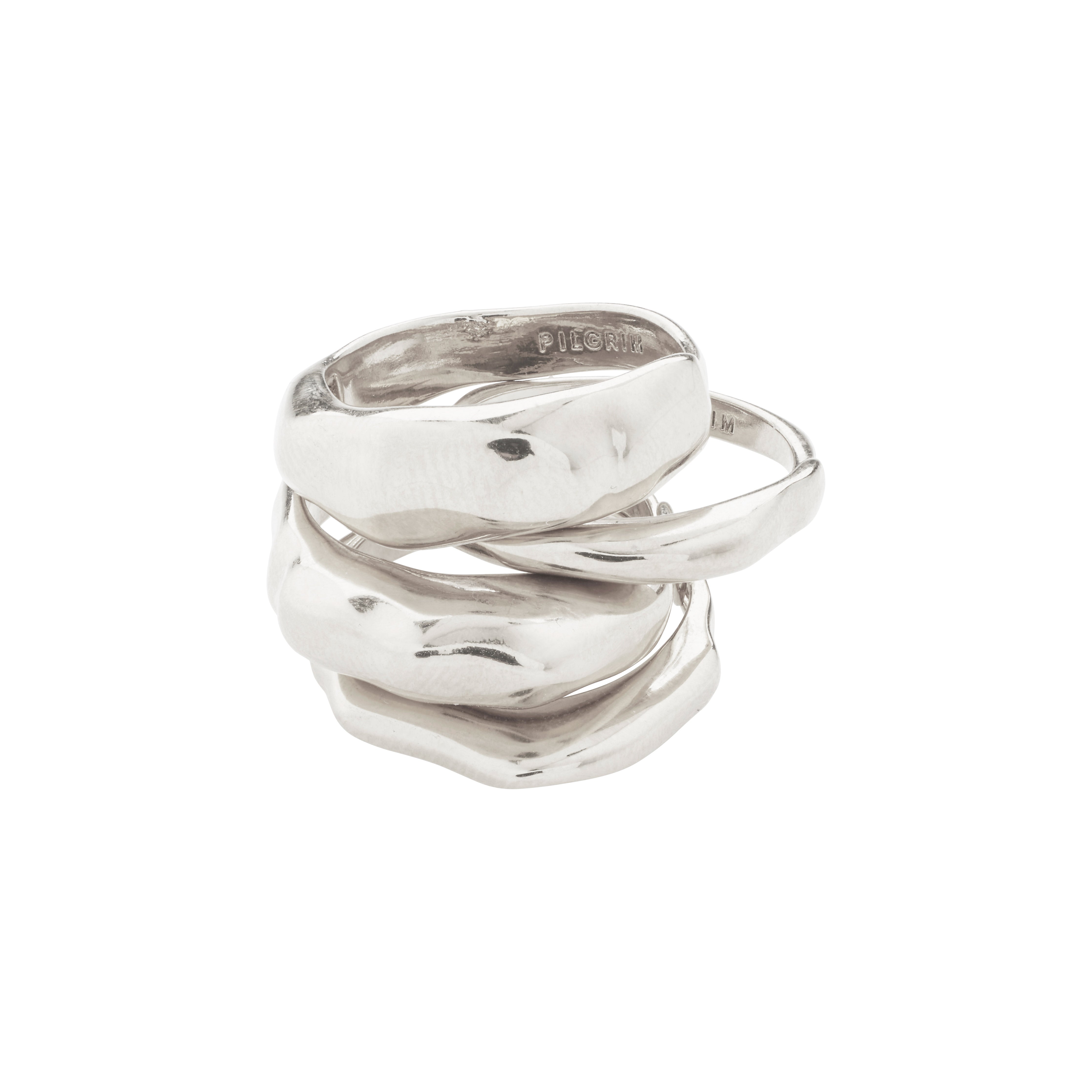 ASHER rings 4-in-one silver-plated set, featuring unique wavy designs for a stylish stacked look, crafted from 99% recycled materials, adjustable to sizes 51-55.