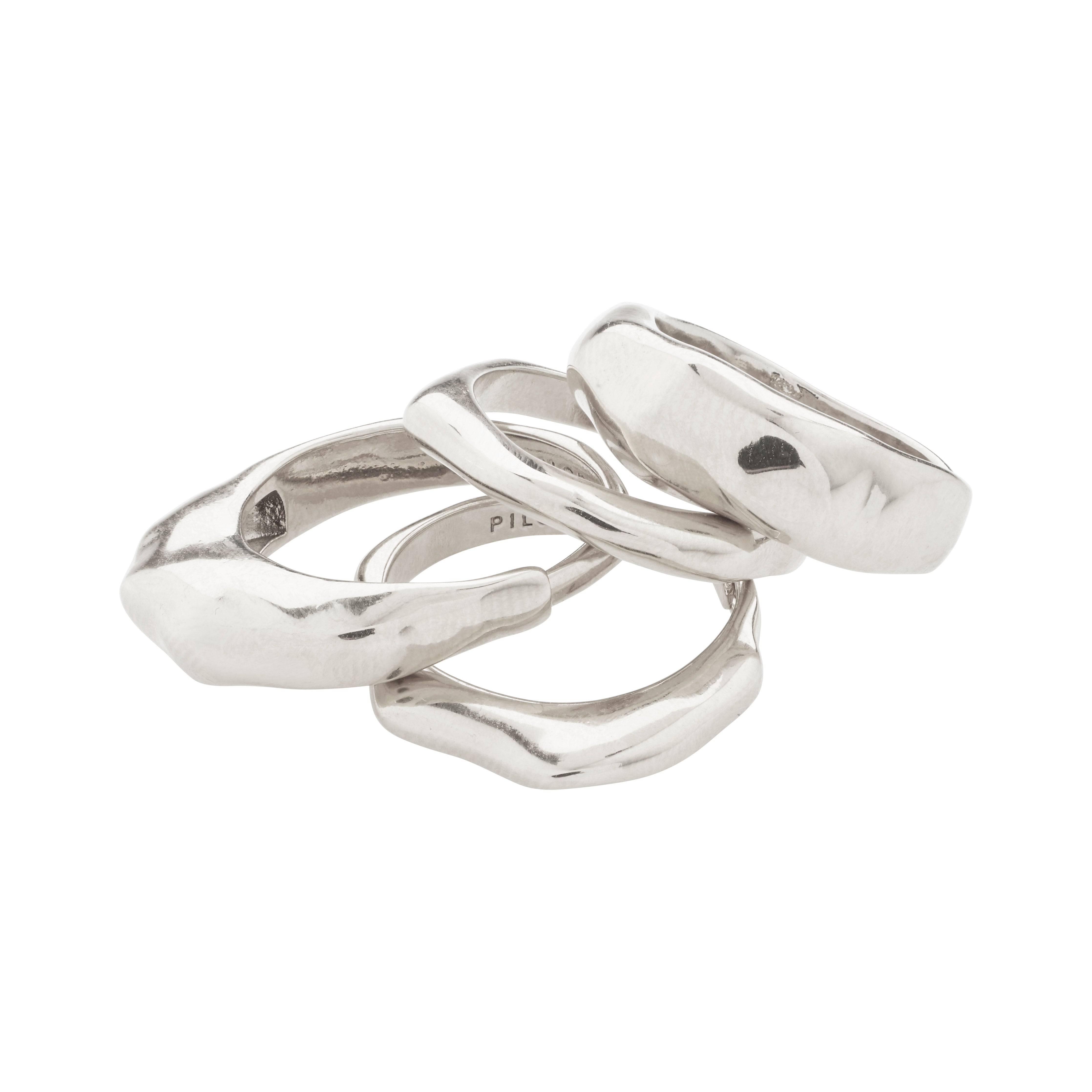 ASHER rings 4-in-one set silver-plated, showcasing a stack of wavy, adjustable silver rings with a shiny, handcrafted look, perfect for mix 'n' match styling.