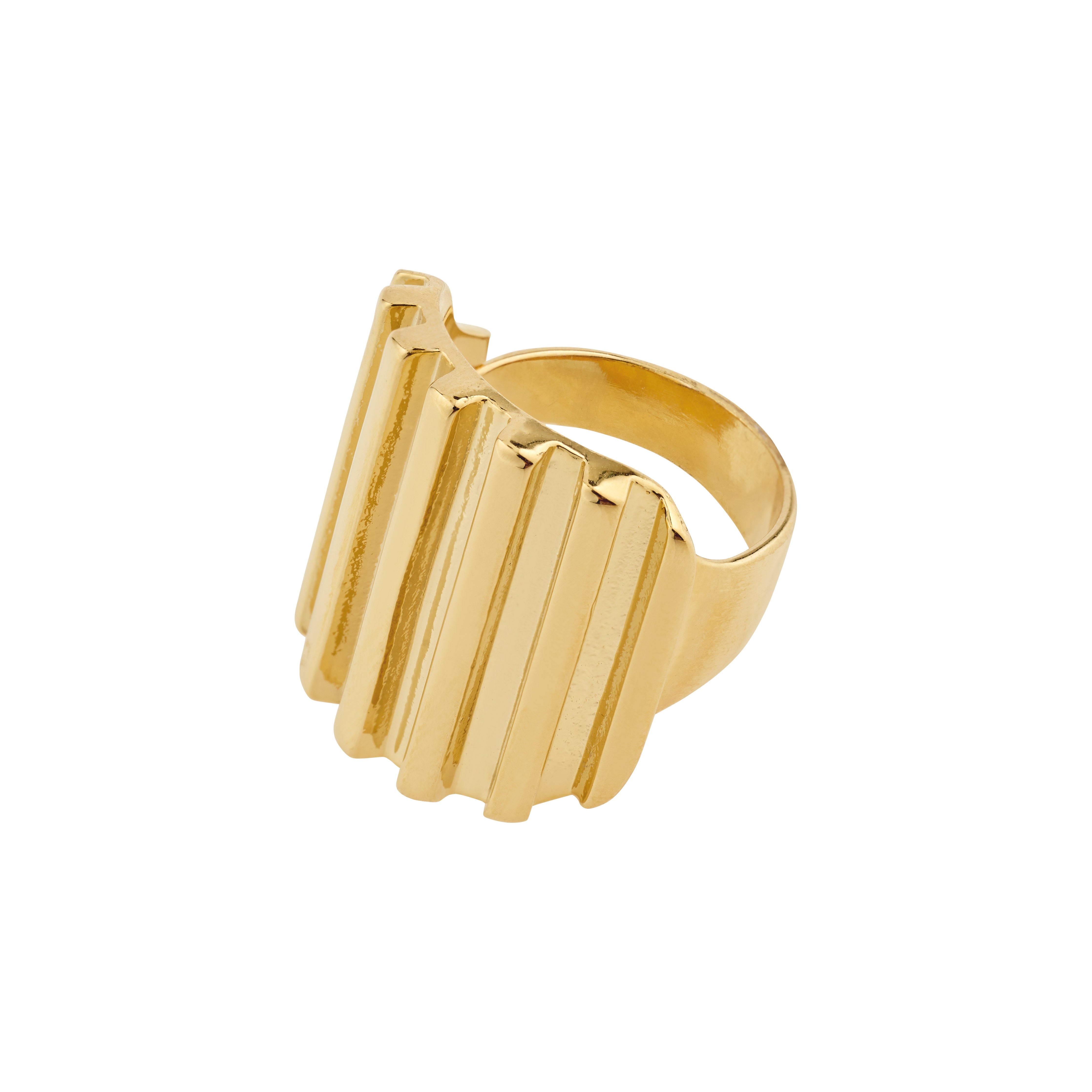 Gold-plated LAUREL ring with a distinctive wavy design, exuding an edgy, urban vibe. Adjustable and crafted from recycled materials, showcasing bold individuality.