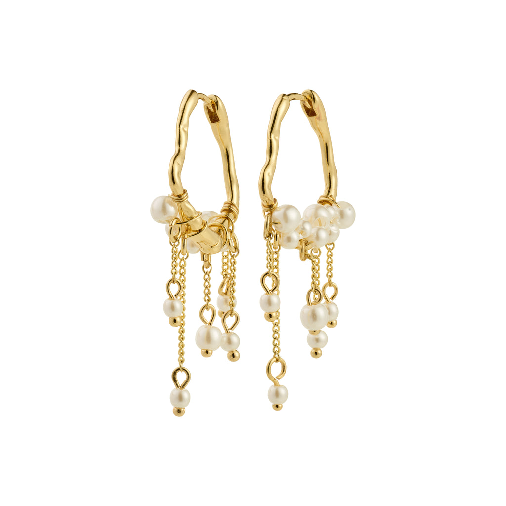 JASPER earrings gold-plated with twisted hoops, clustered faux-pearls, and cascading chains for a whimsical, boho-inspired look.