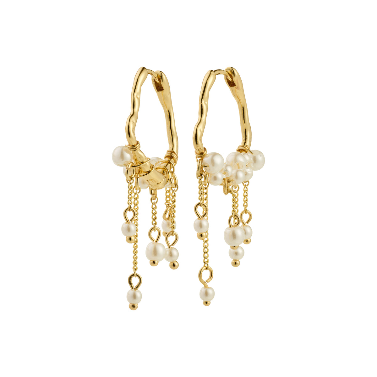 JASPER earrings gold-plated with twisted hoops, clustered faux-pearls, and cascading chains for a whimsical, boho-inspired look.