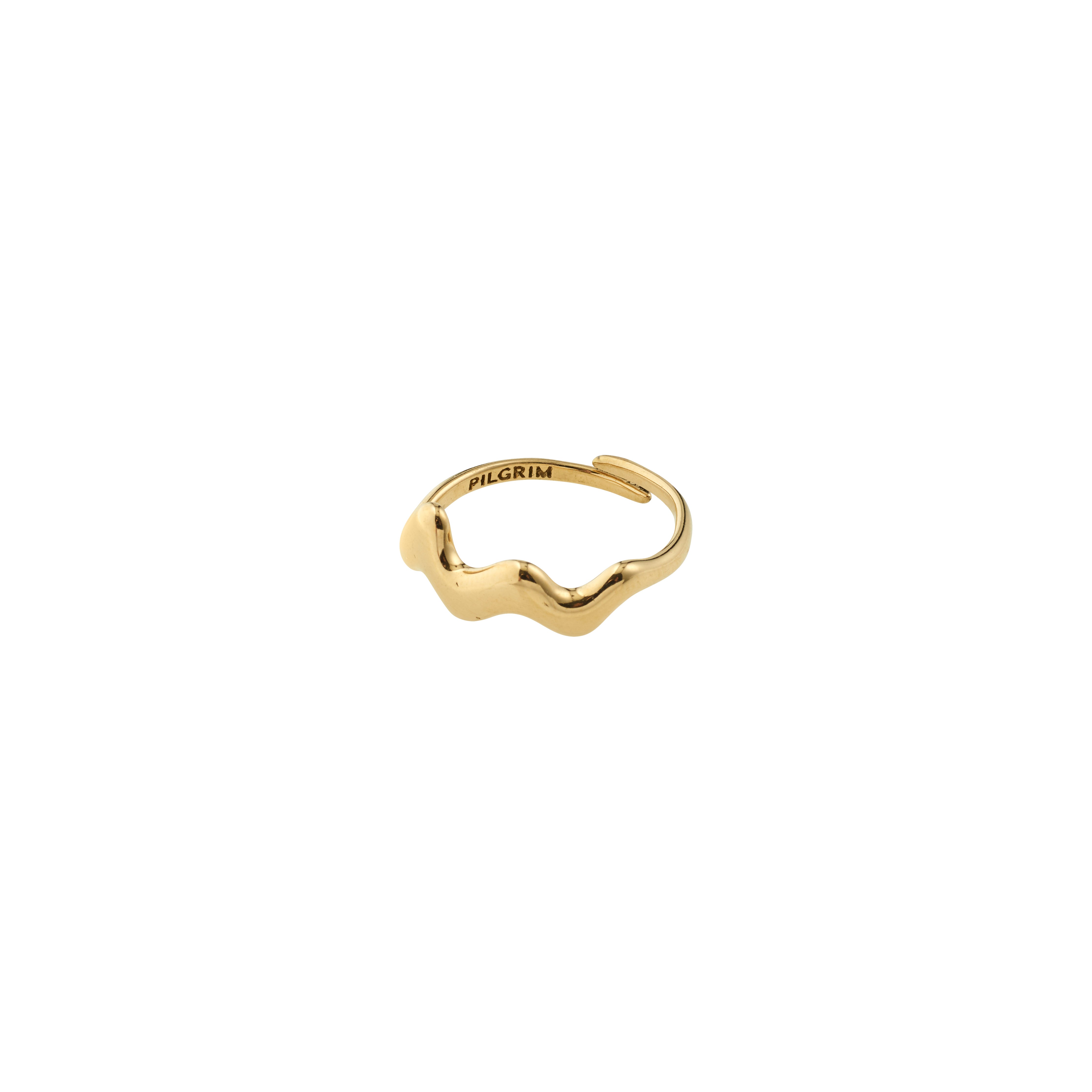 Gold-tone LARKIN ring by Pilgrim, featuring a wavy, open-ended band with PILGRIM stamped inside, reflecting minimalist elegance and understated luxury.
