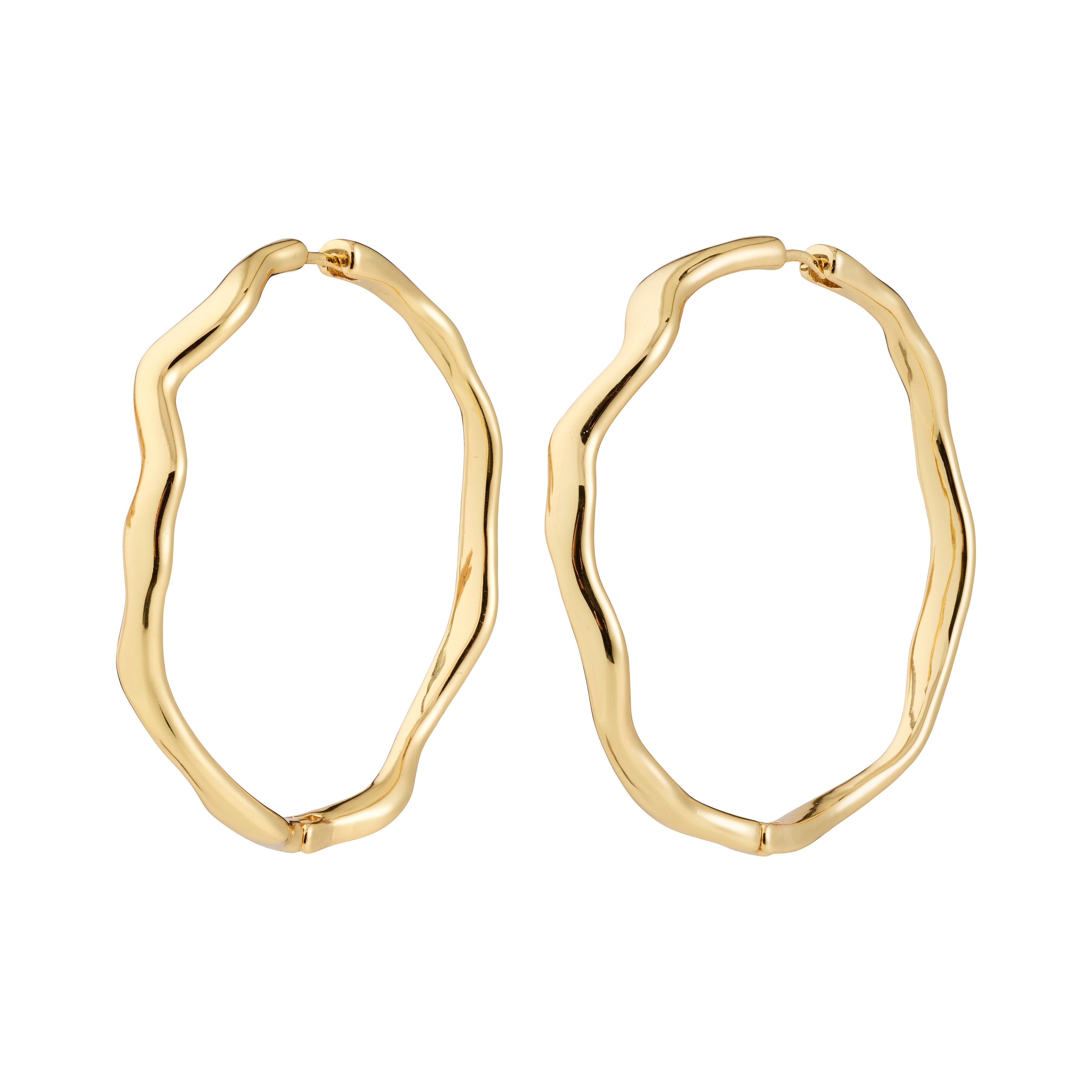 LARKIN earrings gold-plated: Wavy, irregular-shaped hoop earrings with a polished finish, capturing light beautifully. Features a comfortable snap lock for versatile, elegant styling.