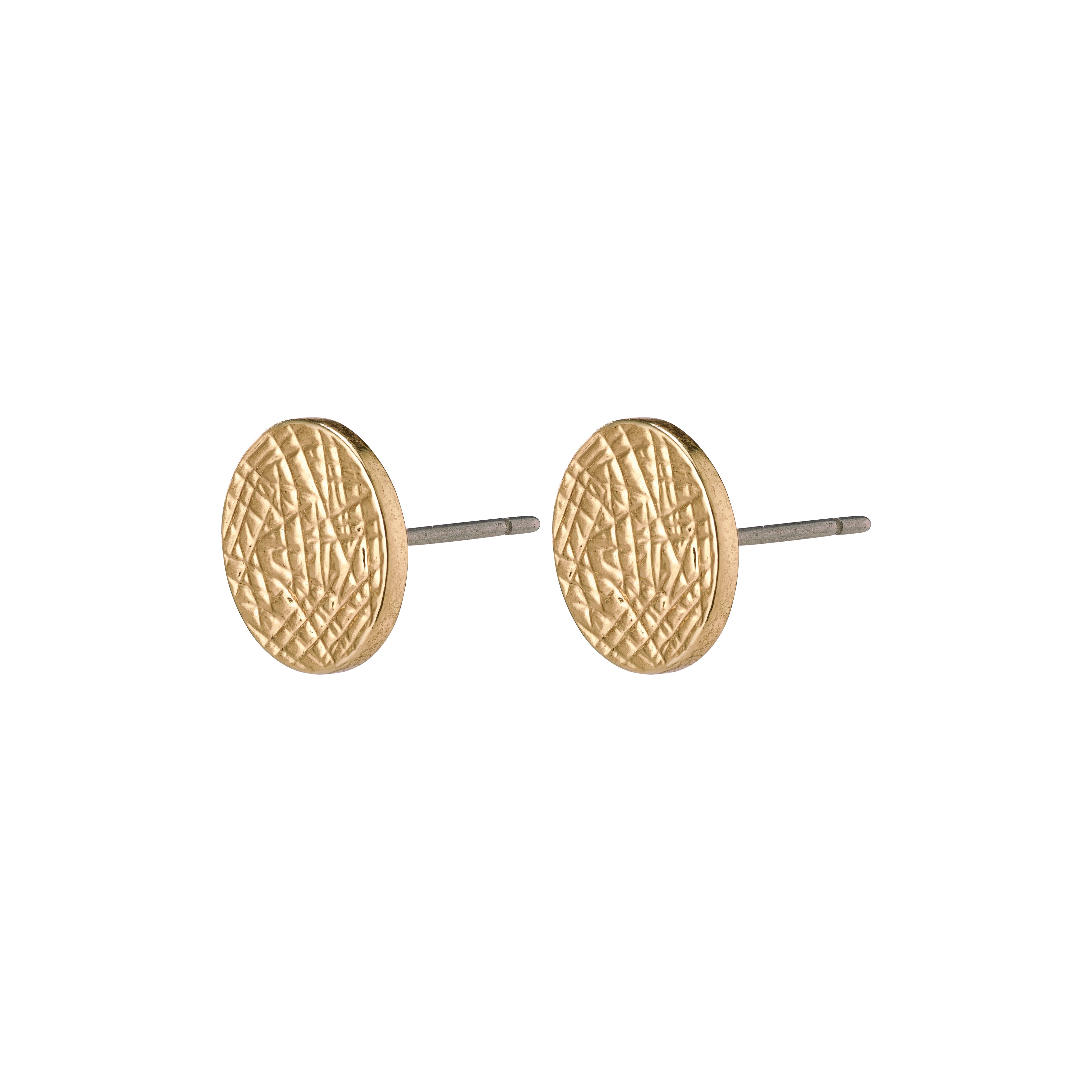 WYNONNA rustic earrings, gold-plated, feature a shiny finish with a raw, patterned design, blending edgy elegance for both casual and formal styles.