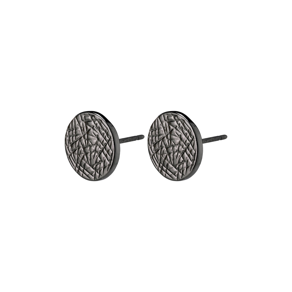 WYNONNA rustic earrings in hematite color; round, shiny with small surface scratches, embodying Pilgrim's blend of timeless and trendy Scandinavian craftsmanship.