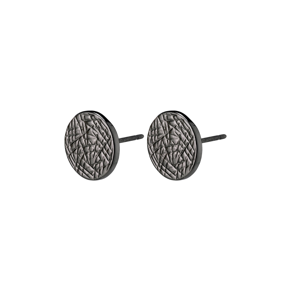 WYNONNA rustic earrings in hematite color; round, shiny with small surface scratches, embodying Pilgrim's blend of timeless and trendy Scandinavian craftsmanship.