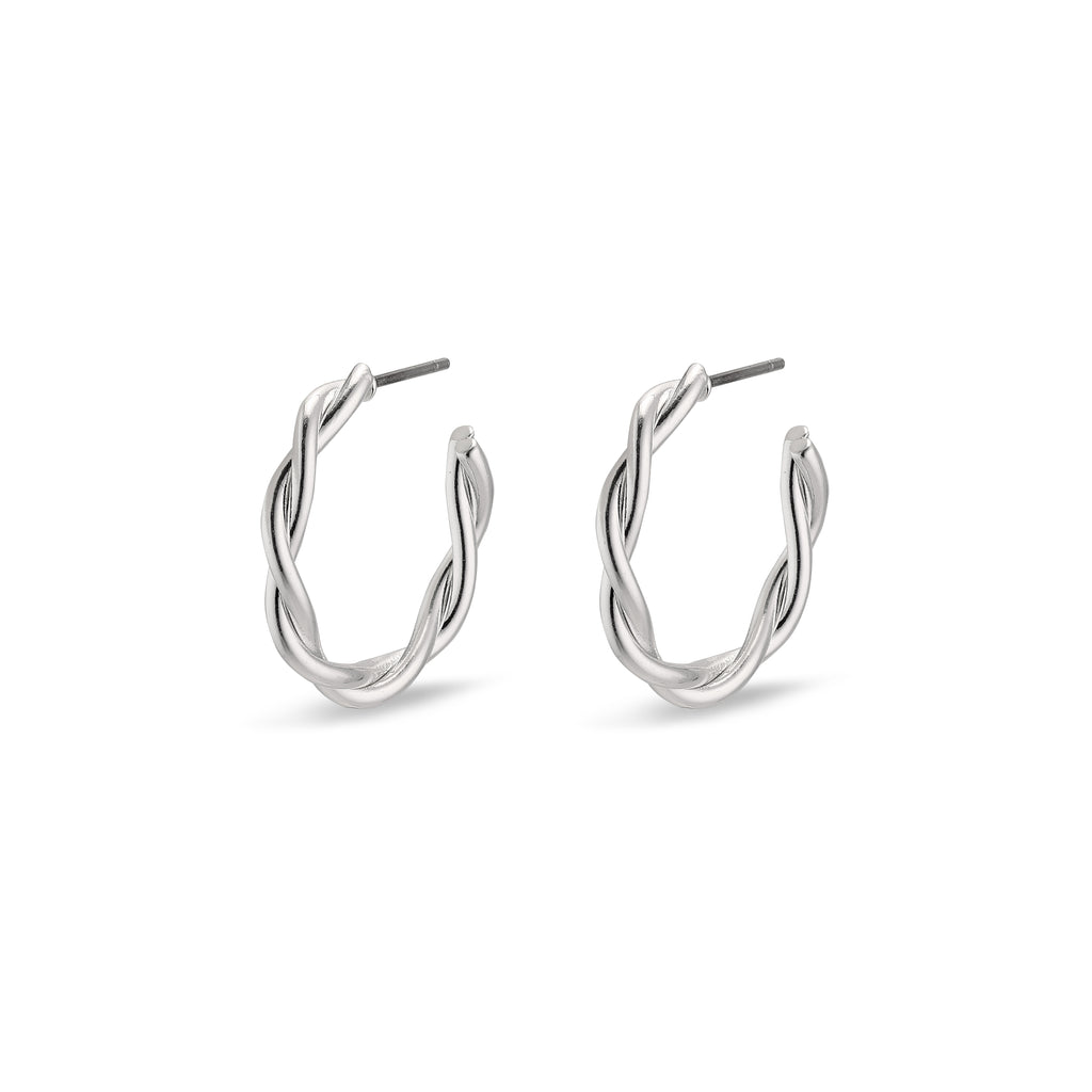 NAJA twisted hoop earrings, silver-plated, with elegant twisted design that catches light beautifully, perfect for adding a chic touch to any outfit.