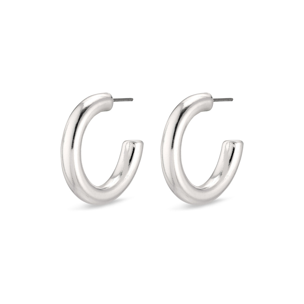 MADDIE chunky hoop earrings in silver-plated finish, offering a timeless, shiny style; perfect for enhancing casual or elegant outfits.