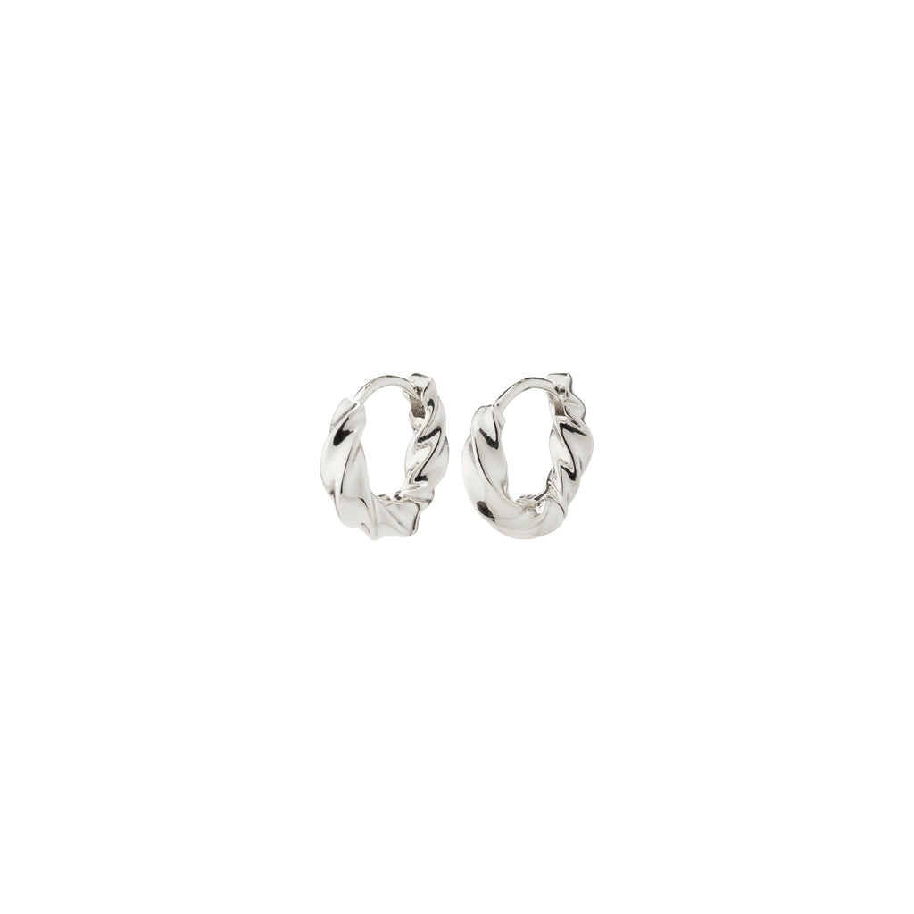 TAFFY small swirl hoop earrings, silver-plated, showcasing nature-inspired waves with a handcrafted look, featuring a convenient click-lock design for easy wear.