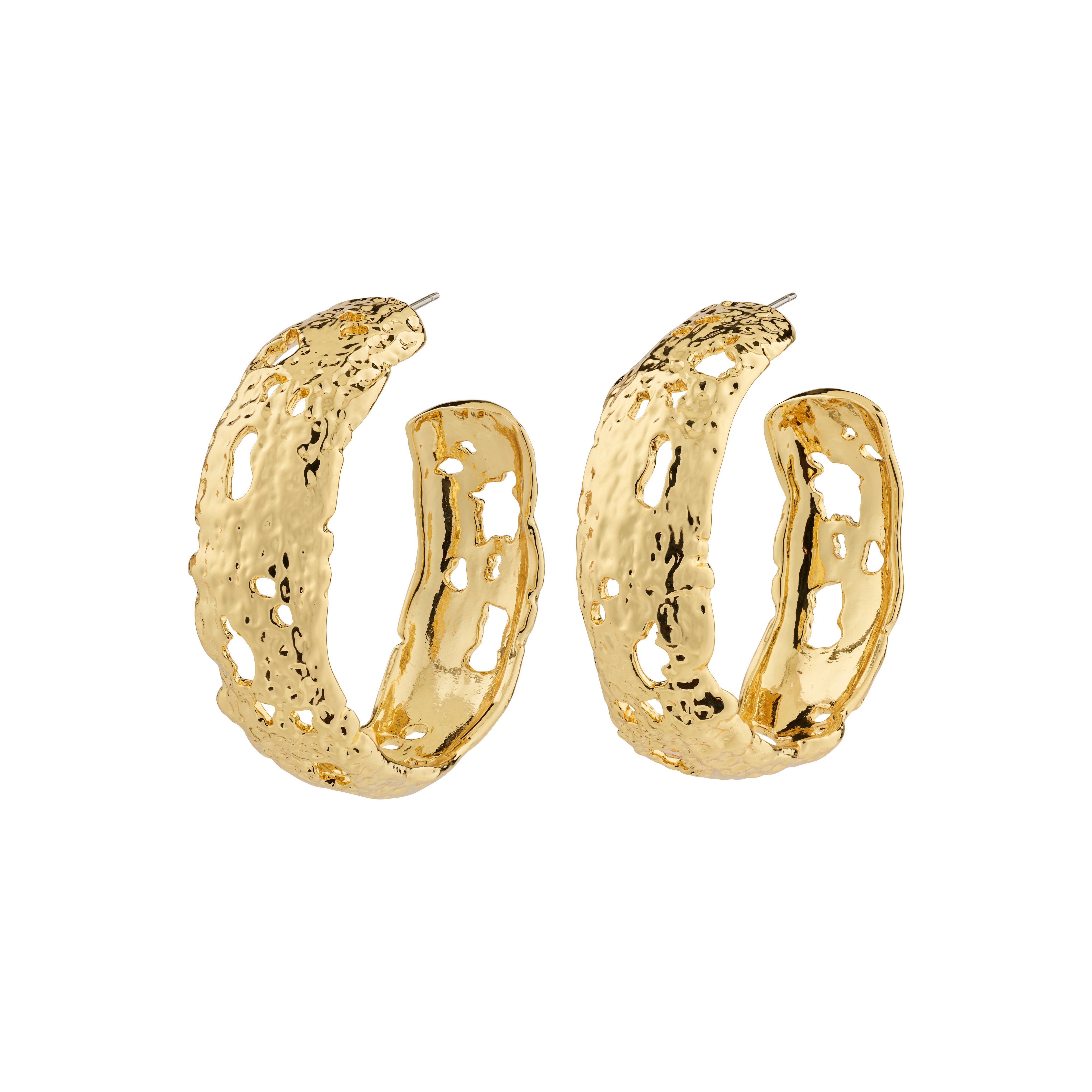 ELENI earrings, gold-plated mega hoops by Pilgrim, feature a perforated design with a wide silhouette, crafted from 98% recycled materials.