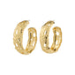 ELENI earrings, gold-plated mega hoops by Pilgrim, feature a perforated design with a wide silhouette, crafted from 98% recycled materials.