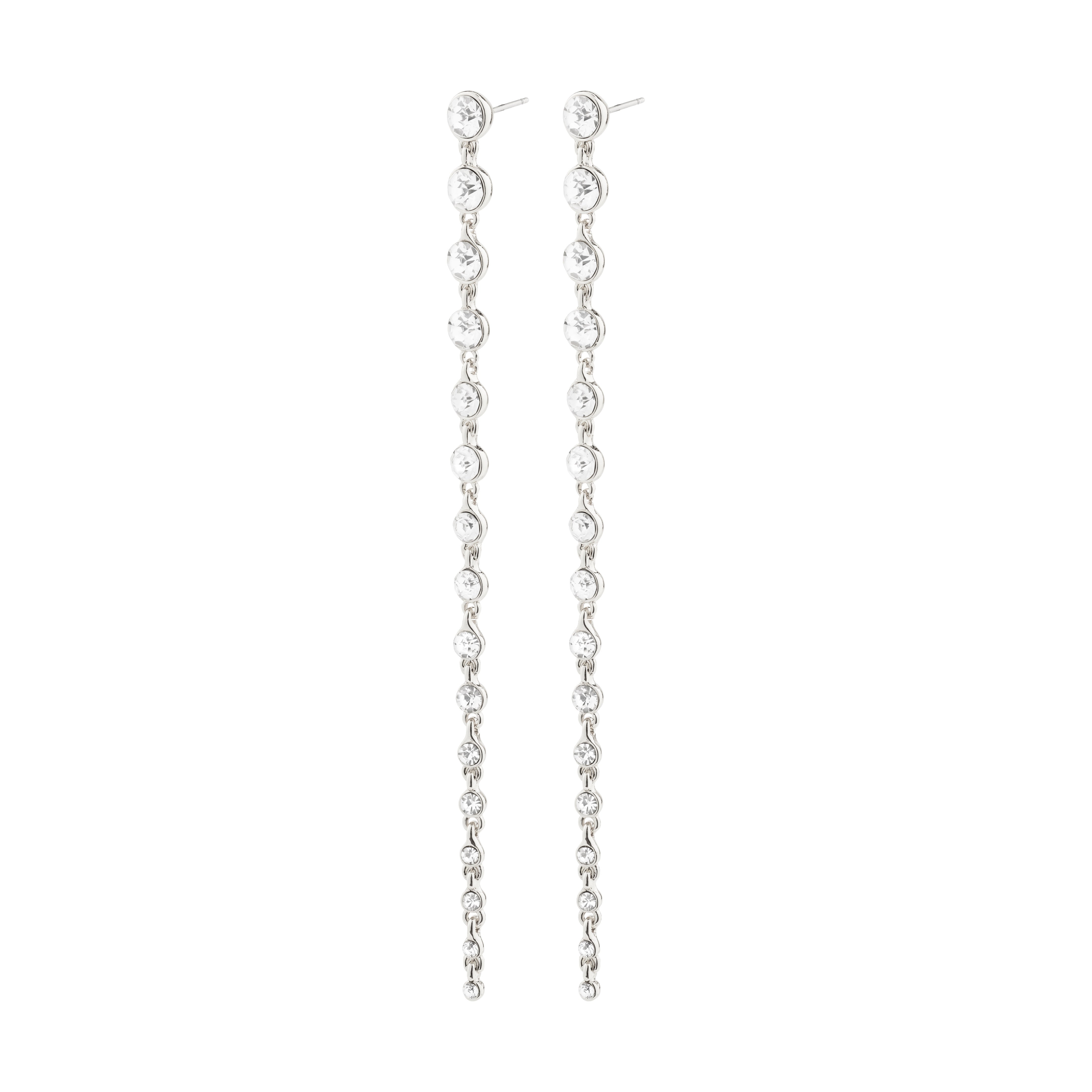 REAGAN crystal earrings silver-plated, featuring long chains with sparkling Preciosa crystals, perfect for adding glam to your outfit. Made from minimum 95% recycled material.