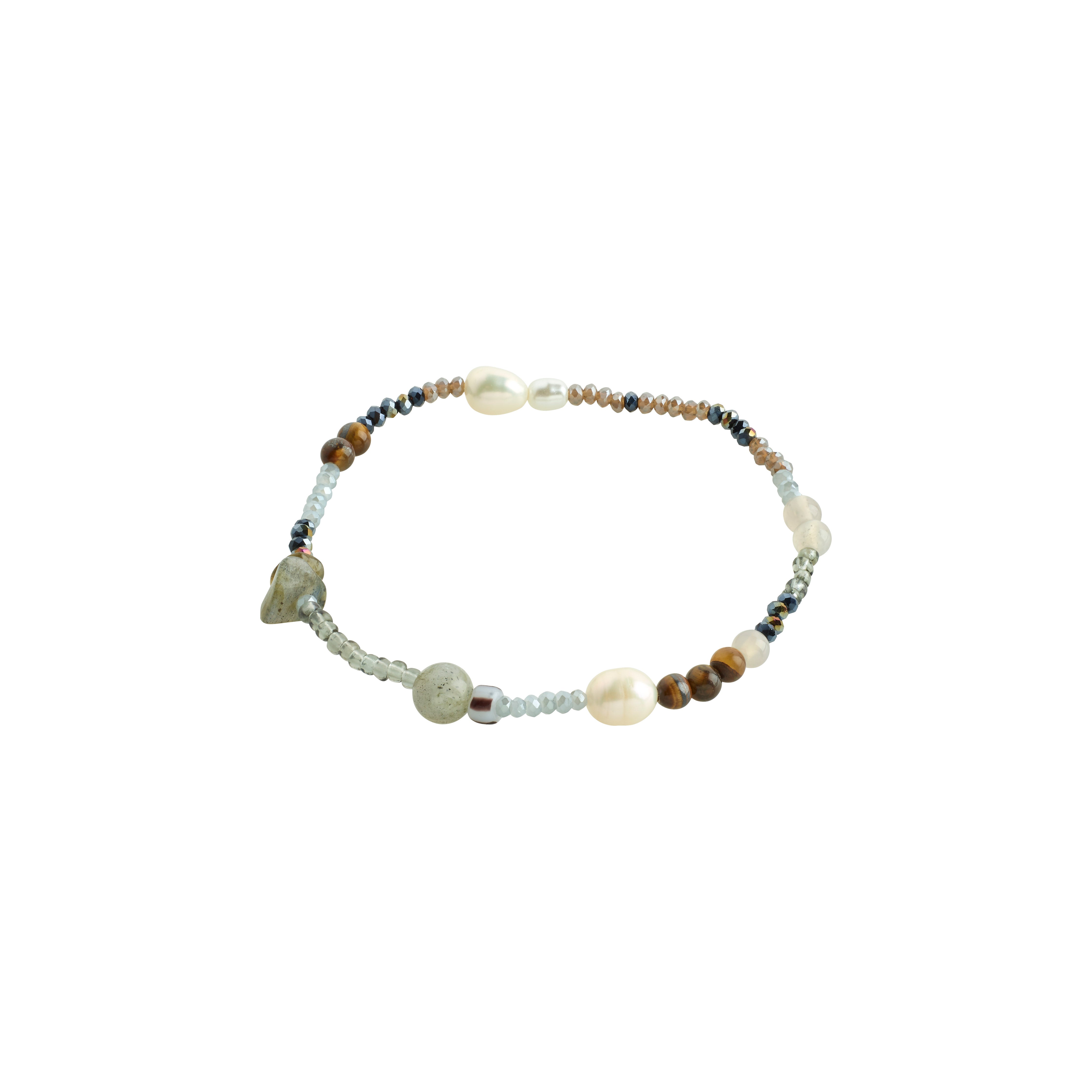 INDIANA bracelet grey featuring freshwater pearls, tiger's eye stones, and faceted glass beads on elastic, offering an organic, stackable accessory for a personalized style.