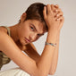 INDIANA bracelet mint featuring freshwater pearls, grey agate, turquoise stones, and faceted glass beads, worn on a person's wrist, showcasing its organic, trendy style.