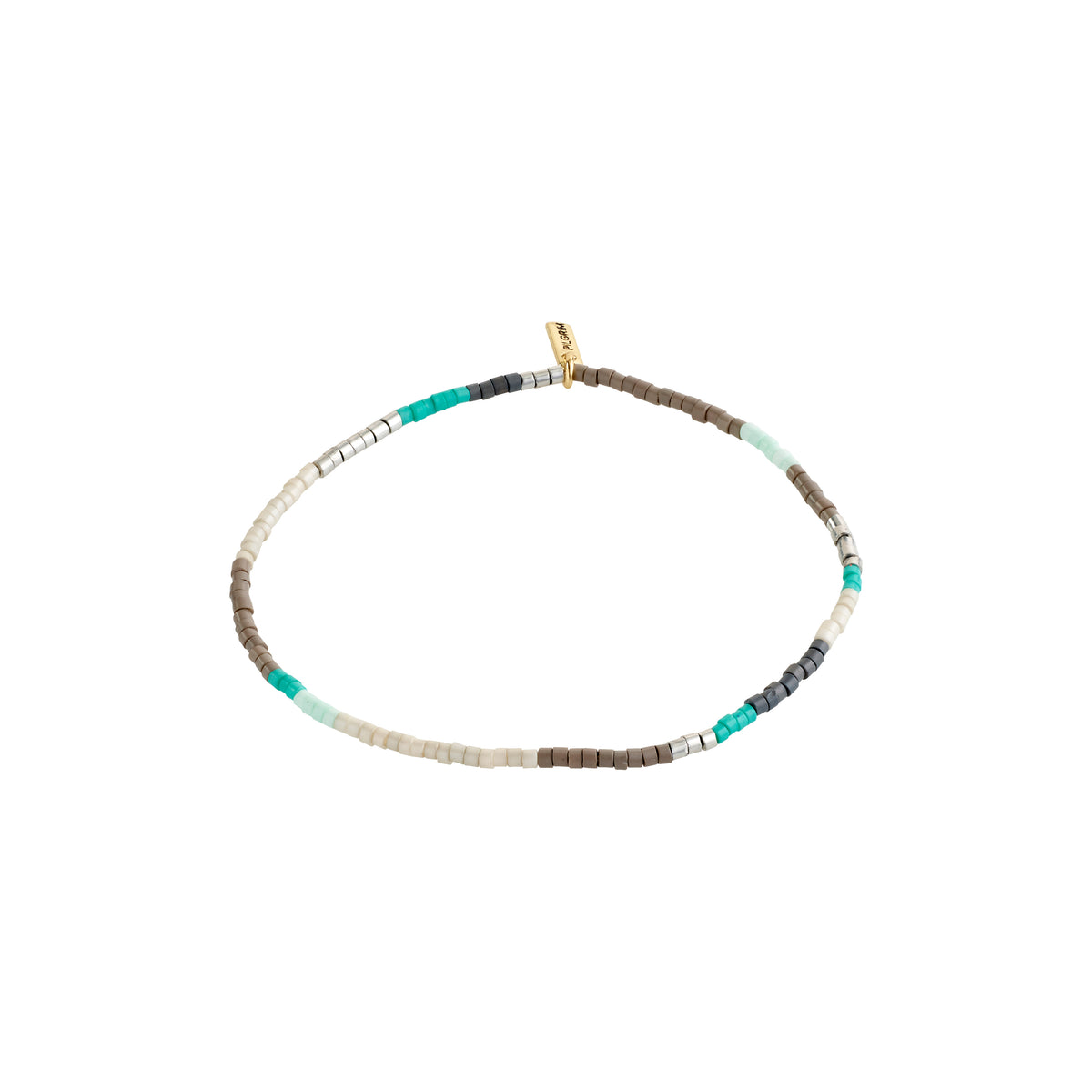 ALISON bracelet features mint green and grey glass beads with a gold-plated clasp, perfect for stacking, reflecting Pilgrim's boho-inspired Danish jewellery design.